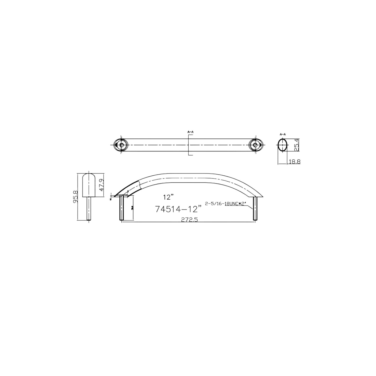Pactrade Marine Boat Stainless Steel Handrail 12 Inches With Studs Hardware
