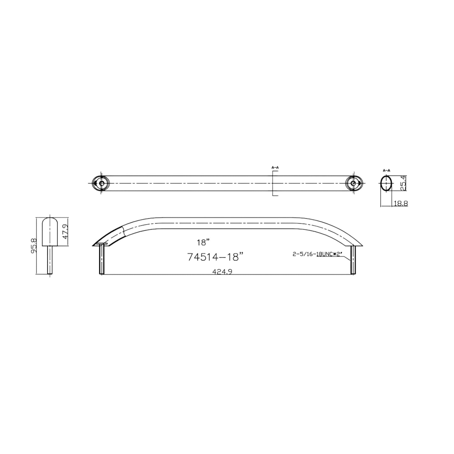Pactrade Marine Boat Stainless Steel Handrail 18 Inches With Studs Hardware