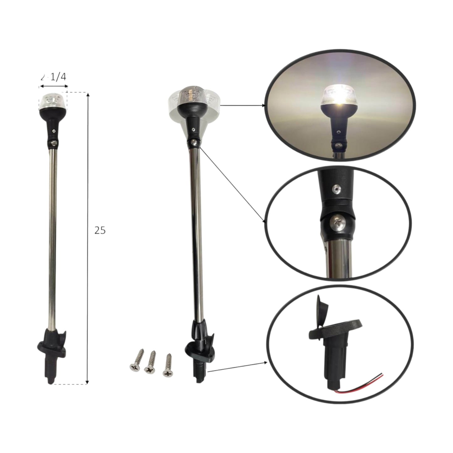 Pactrade Marine Boat 25" LED All-Around Stern Pole Light w/ Base