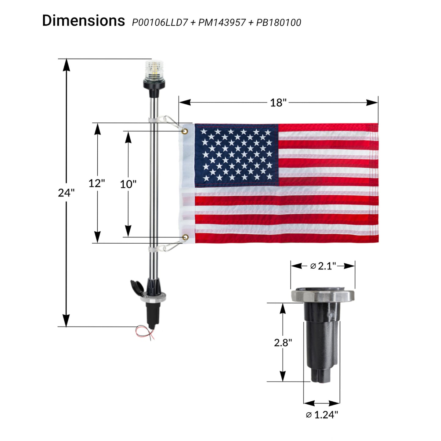 Pactrade Marine Navigation Lights for Boats LED - 24-Inch White LED Stern Light/LED Anchor Light with Removable Flat-Top Base and American Flag 12x18 Inches (250 LM, 3 NM) | Boat Navigation Lights