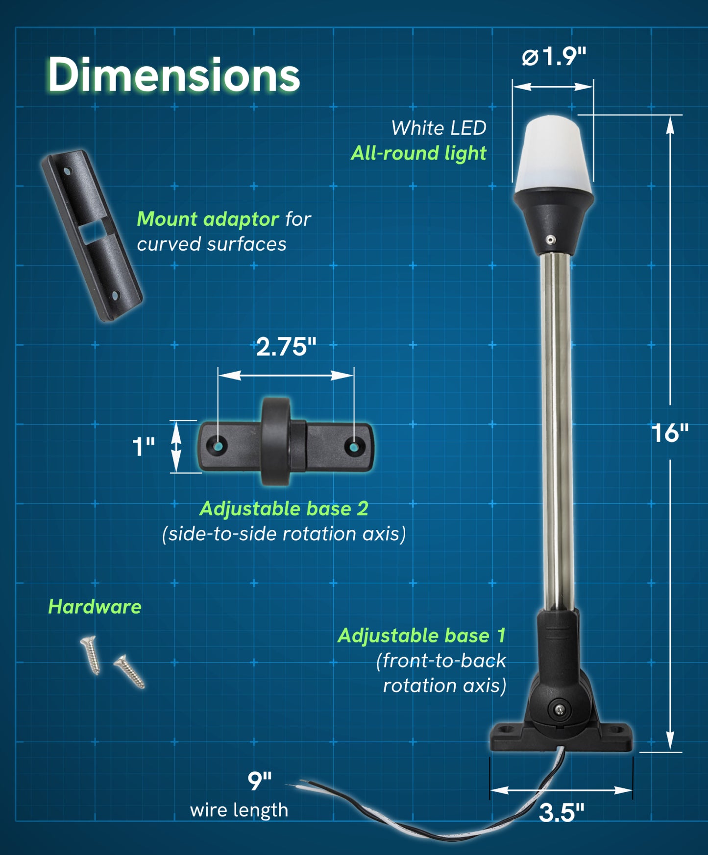 Pactrade Marine 12V Marine Boat Yacht Pontoon Navigation Anchor Light 360 Degrees All Around White Color Splashproof Black Housing (LED Dual Adjustable Bases (H=16"))
