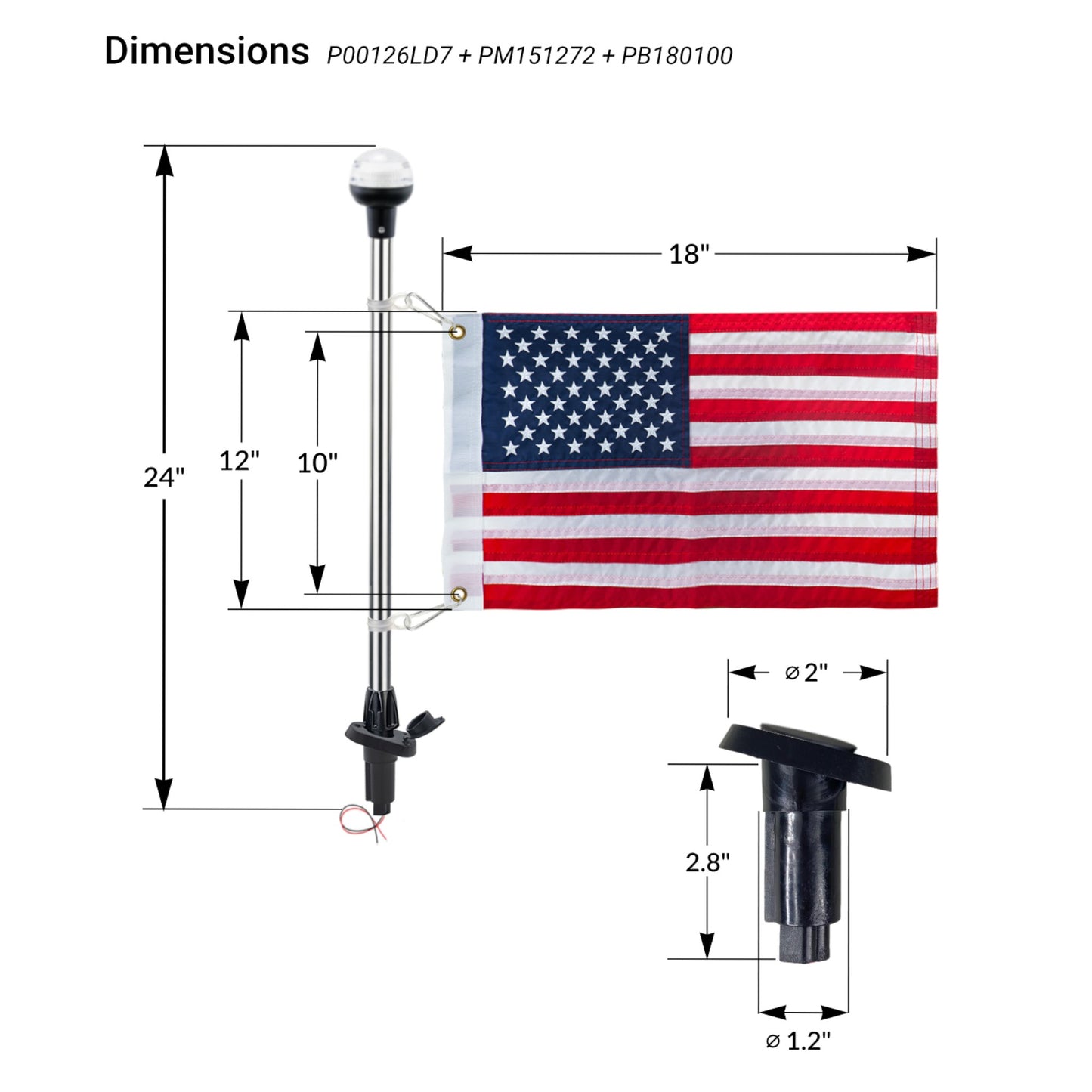 Pactrade Marine Navigation Lights for Boats LED - 24-Inch White LED Stern Light/LED Anchor Light with Removable Angled Base and American Flag 12x18 Inches (78 LM, 2 NM) | Boat Navigation Lights