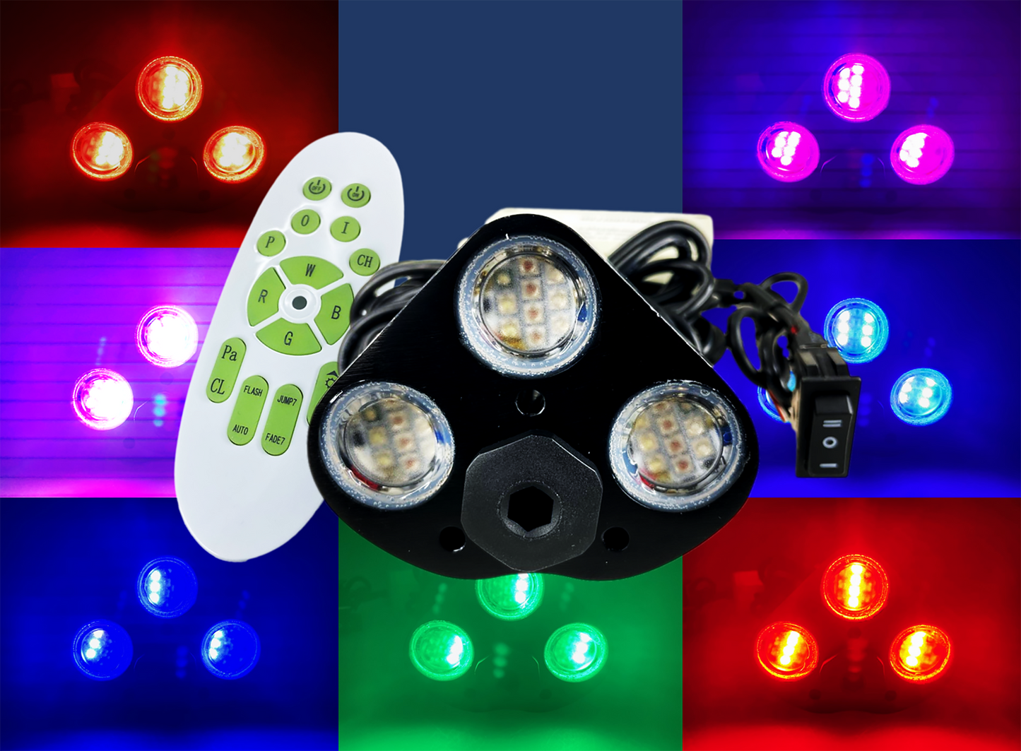 Pactrade Marine Black Aluminum Housing Plug/Transom Underwater Light DC12-24V LED Waterproof IP68 36W Max Triple LED Lengthy Wired with 433MHz Remote Control Red Green Blue White