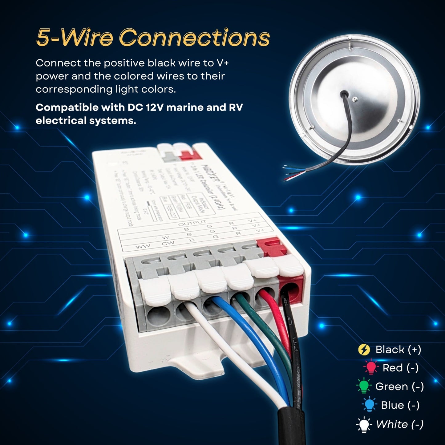 Pactrade Marine LED Dome Light RGBW - 5-Inch, Remote Control Light (5-Wire, Requires Controller) - Stainless Steel Surface Mount - Dimmable, Color-Changing Interior Boat Lights, Marine-RV Ready (12V)