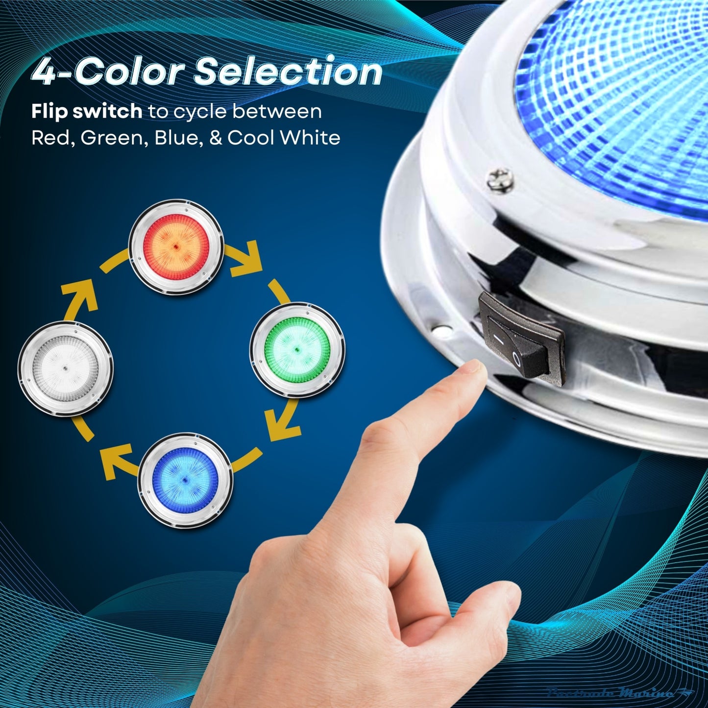 Pactrade Marine LED Dome Light RGBW - 4-Inch, Built-in Color Switch (2-Wire, NO Controller Needed) - Stainless Steel Surface Mount - 4-Color Interior Boat Lights, Marine-RV Ready (12V/24V)