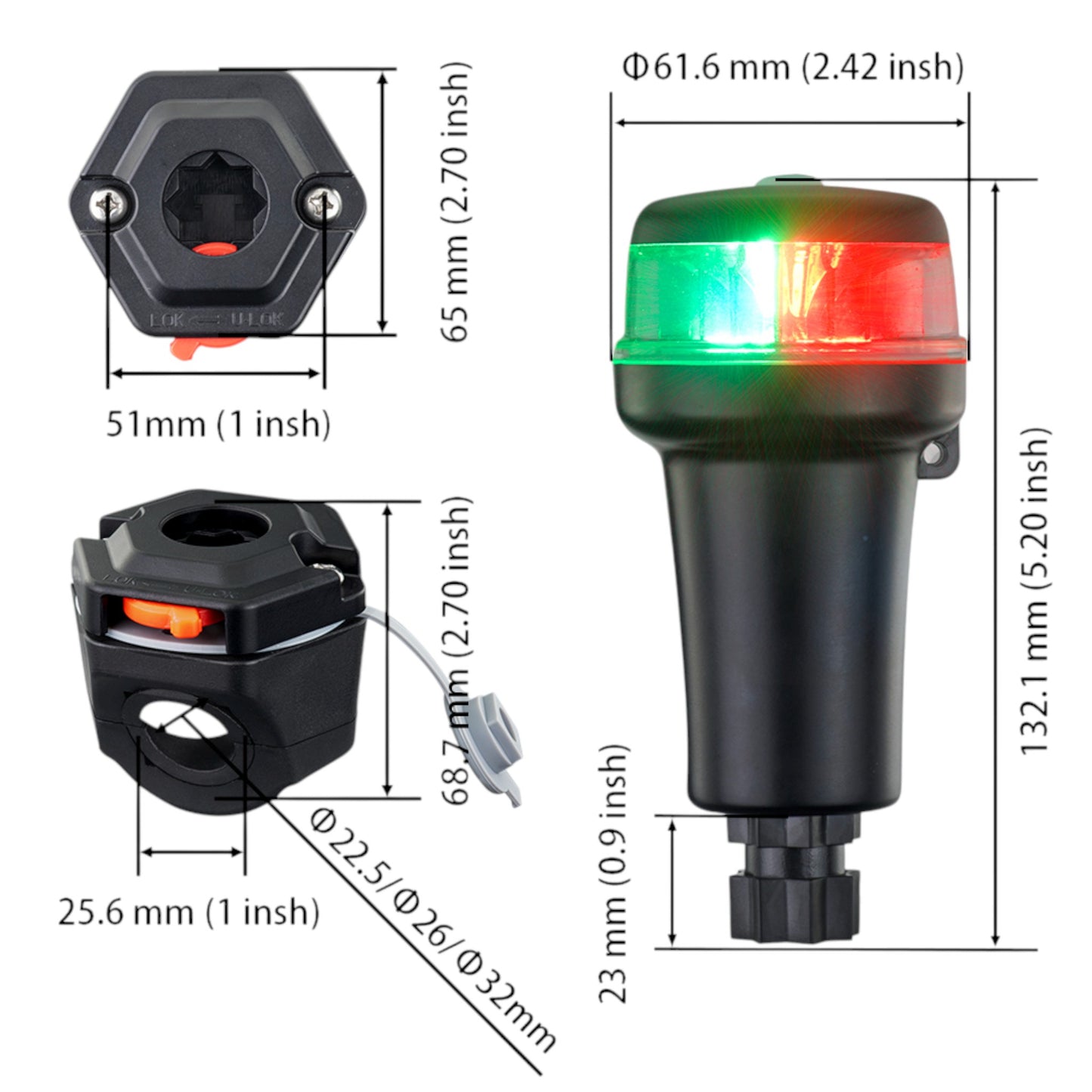 Pactrade Marine Navigation Lights for Boats LED - Red/Green Battery Powered Nav Lights for Boats - Rail Mount, Fixed Base, 3-Mode Operation - 1NM Waterproof