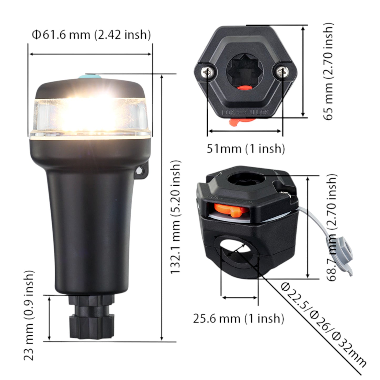 Pactrade Marine Navigation Lights for Boats LED - White Battery Powered Nav Lights for Boats - Rail Mount, Fixed Base, 2-Mode Operation - 1NM Waterproof
