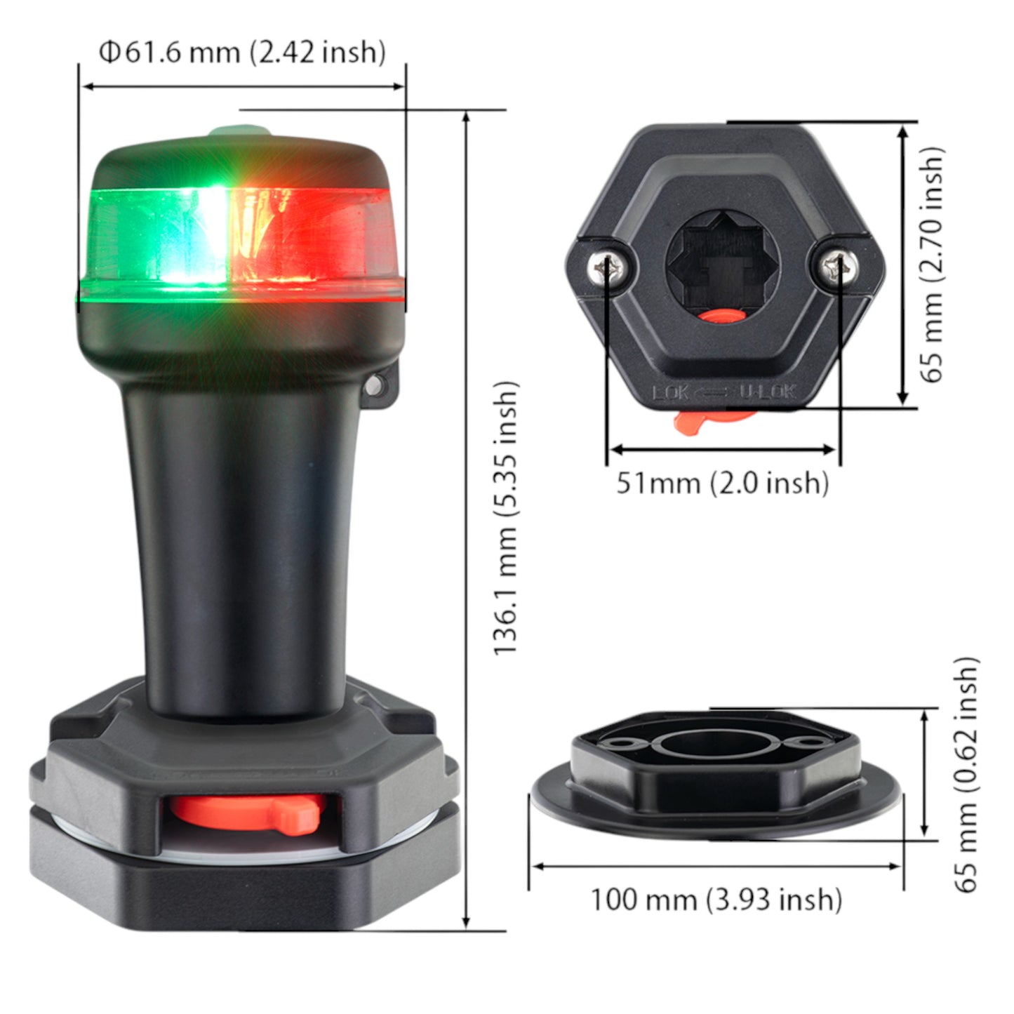 Pactrade Marine Navigation Lights for Boats LED - Red/Green Battery Powered Nav Lights for Boats - Surface Mounts (Flat), Fixed Base, 3-Mode Operation - 1NM Waterproof