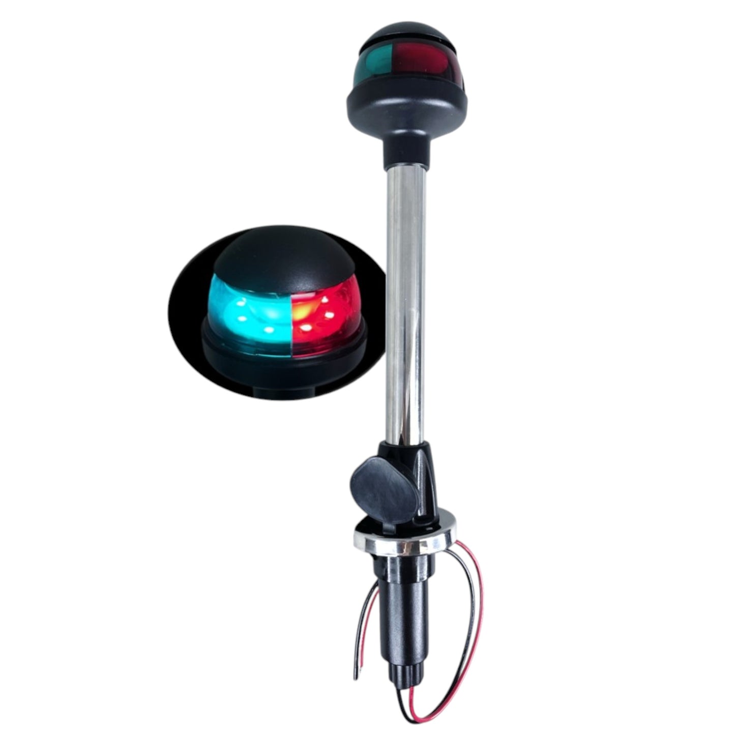 Pactrade Marine LED Green Red Navigation Bow Light 12" SS304 Pole Collar Plug-in (With 2-Prong Nylon Base Black Socket)