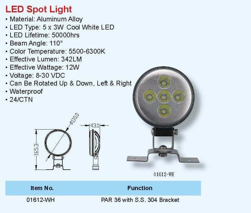Pactrade Marine LED Aluminum Waterproof Spotlight Cool White Bracket Angle Rotation 12W 8-30VDC