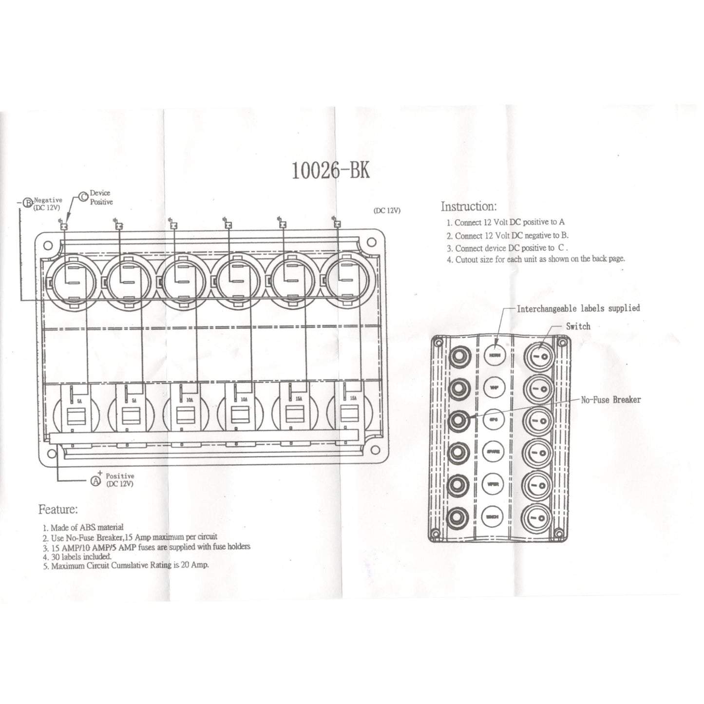 Pactrade Marine Boat Switch Panel 6 Gang LED Switches & Circuit Breaker Wave Design