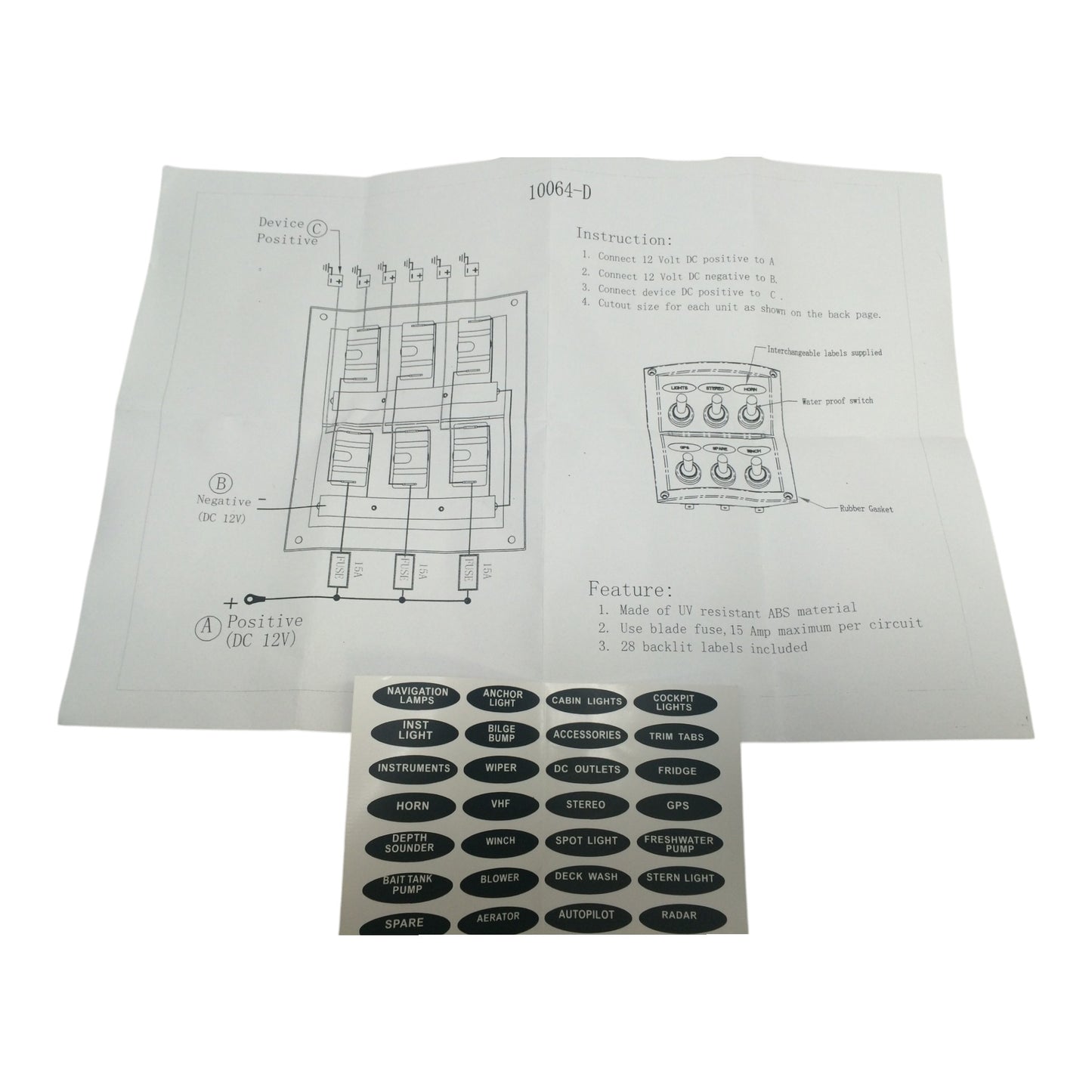 Pactrade Marine Boat 6 Gang Splashproof Switch Panel IP65 Fuses 15A x 3 LED Indicator