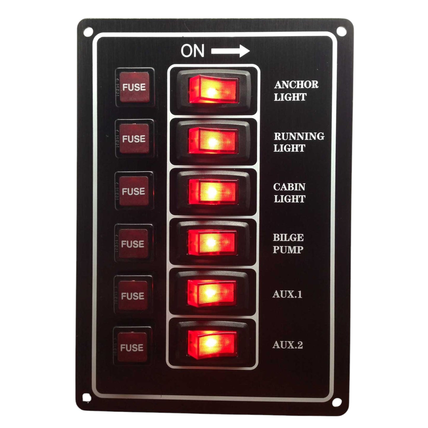 Pactrade Marine Boat Aluminum Plate Vertical Switch Panel 6 Gang UL Illuminated Switches