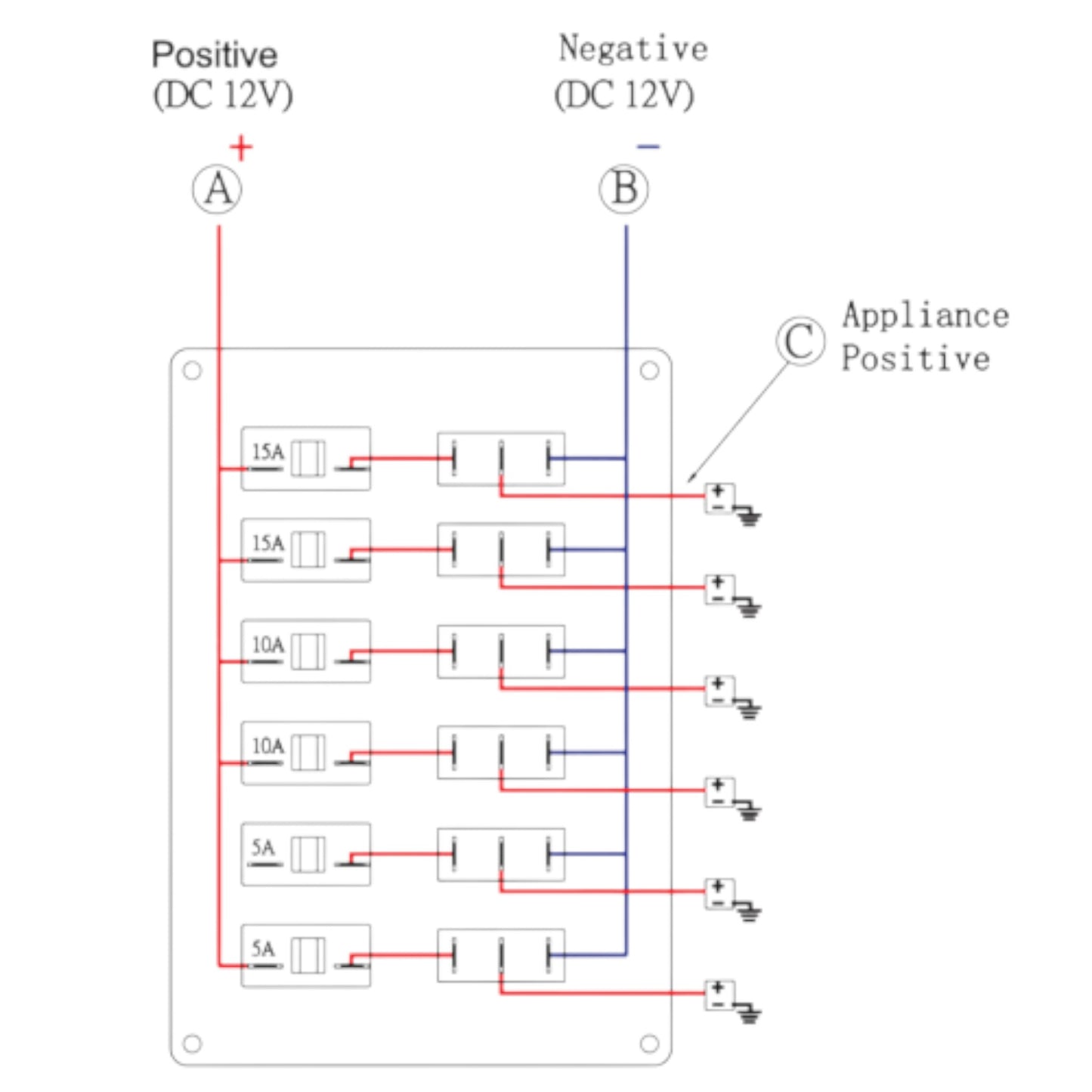 Pactrade Marine 6 Gang Switch Panel with Illuminated Switch 20 Preprinted Labels, 6.5" L x 2.5" H x 4.5" W