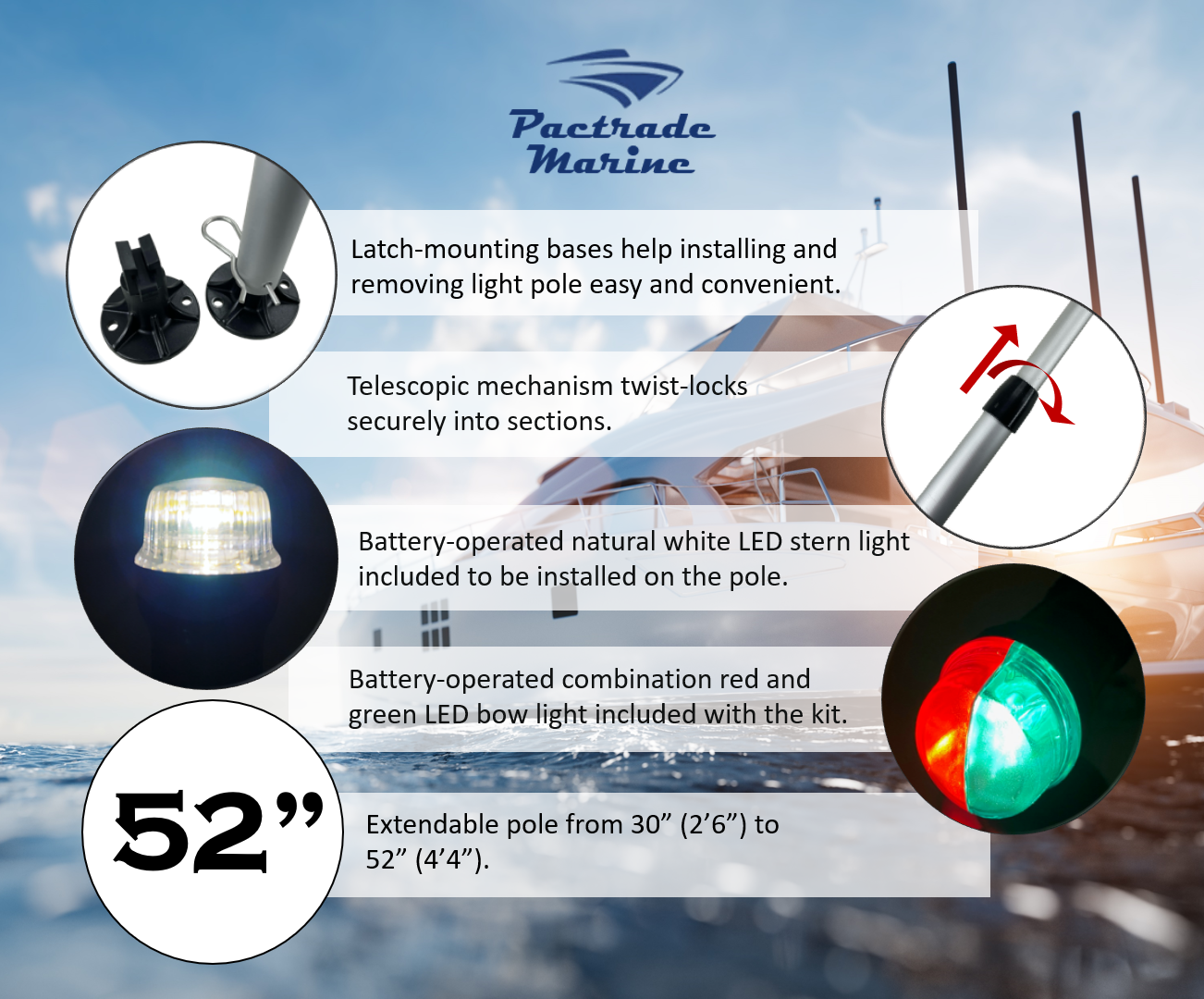 Pactrade Marine Combo Light and All-Round Light 1*0.5W LED*2/1NM Visibility 3*AAA Batteries Operated (NOT Included) IP67 Anodized Aluminum Tube (30"-52" Telescopic, Latch Base Mount)