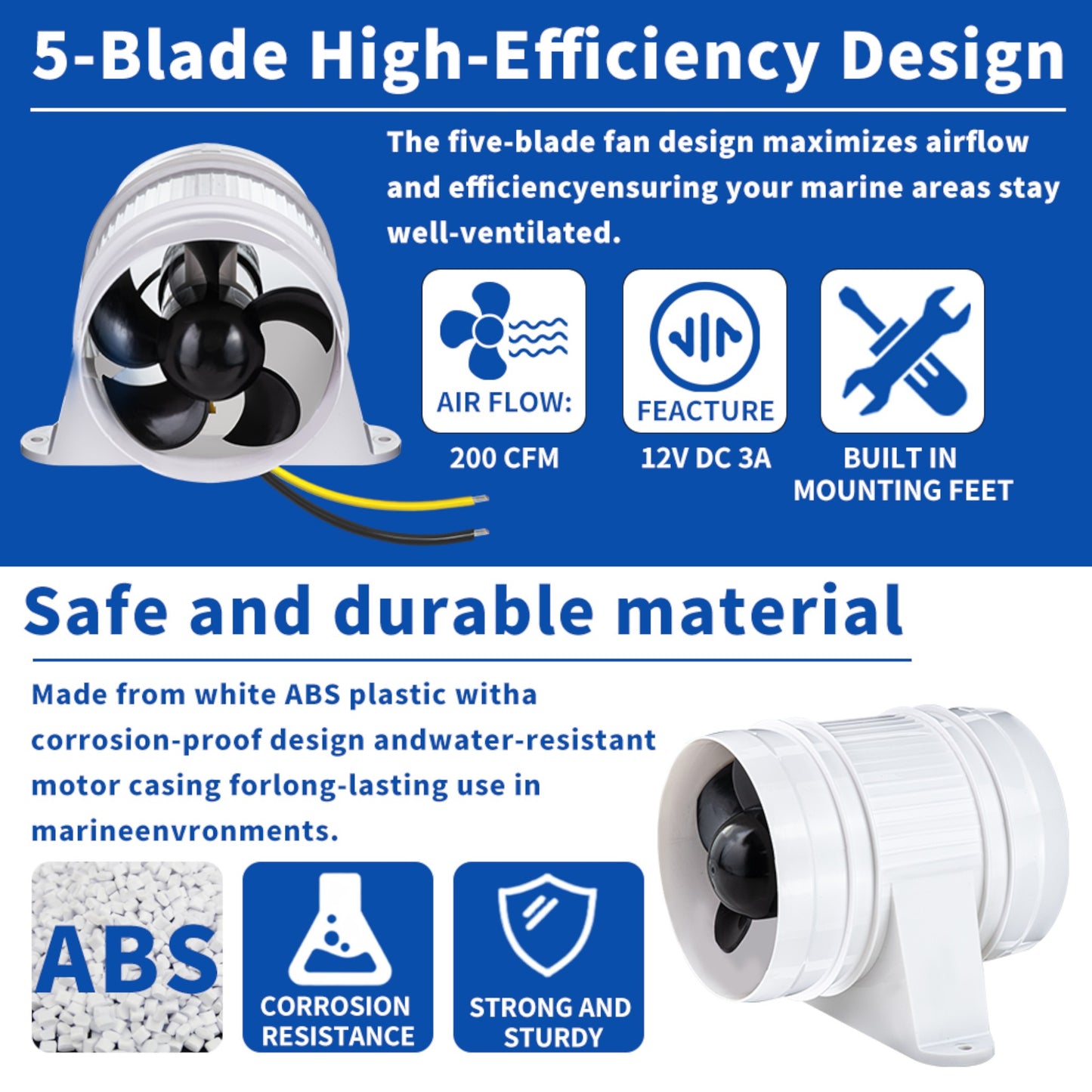 Pactrade Marine Turbo In-Line Blower Fan - 4 Inch Inline Fan (White) - 200 CFM, 12V DC - Compact, Waterproof Bilge Blower for Boats, RVs, Off-Grid, Limited-Space Systems