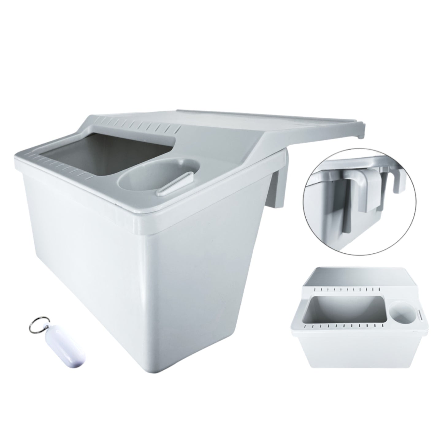 Pactrade Marine Kayak Boat White Storage Bin with 22 Fishing Baits and Lures Slots Gunwale Mounted Tackle Integrated Fillet Table Cutting Board Drink Can Knife Holders