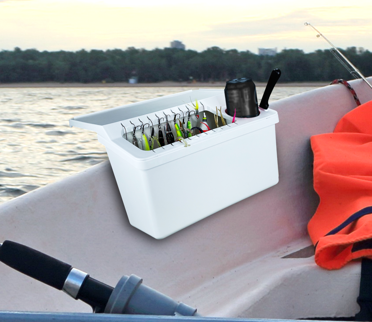 Pactrade Marine Kayak Boat White Storage Bin with 22 Fishing Baits and Lures Slots Gunwale Mounted Tackle Integrated Fillet Table Cutting Board Drink Can Knife Holders