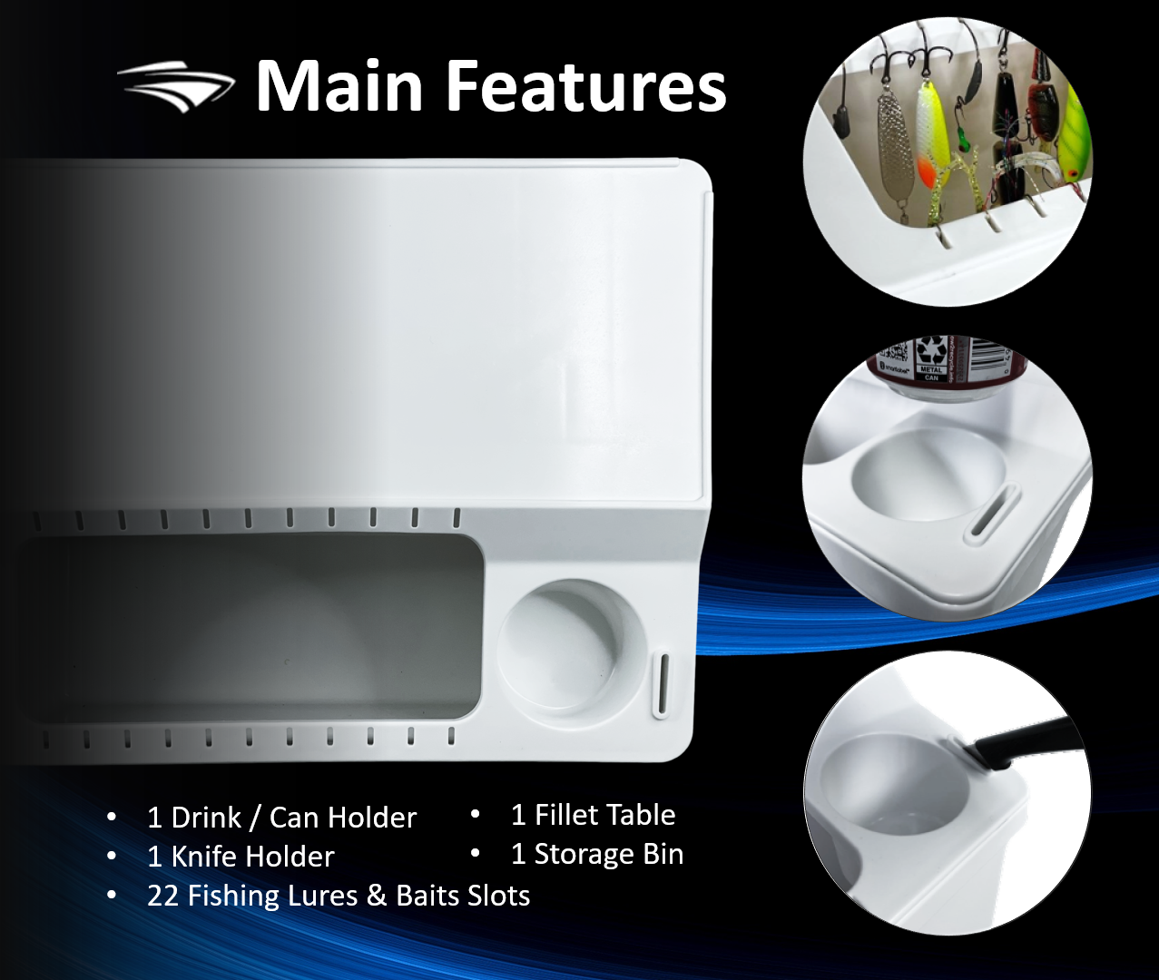 Pactrade Marine Kayak Boat White Storage Bin with 22 Fishing Baits and Lures Slots Gunwale Mounted Tackle Integrated Fillet Table Cutting Board Drink Can Knife Holders