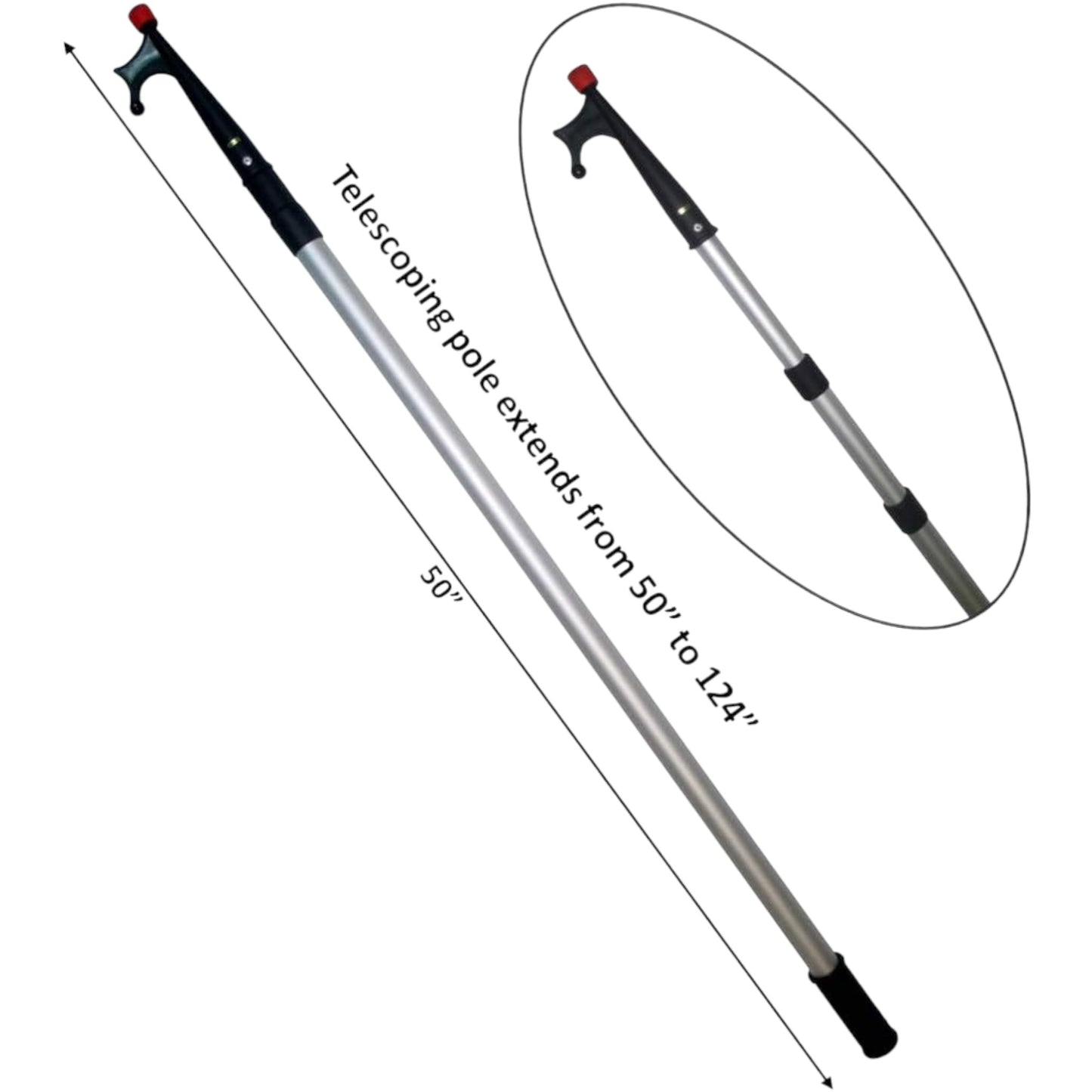 Pactrade Marine Anodized Aluminum Telescopic Kayak Boat Hook Dock Docking Extend Sections Adjustable Extendable Length Plastic PC Red Tip Non-Slip Black Locking Vinyl Mechanism Ring Handles