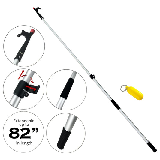 Pactrade Marine Anodized Aluminum Telescopic Kayak Boat Hook Dock Docking Extend Sections Adjustable Extendable Length Plastic PC Red Tip Non-Slip Black Locking Vinyl Mechanism Ring Handles 47-82”