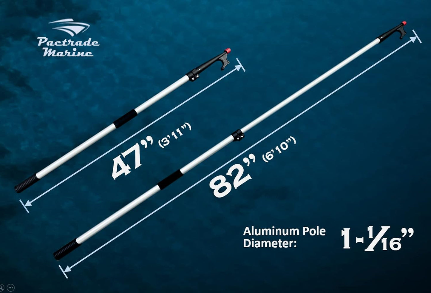 Pactrade Marine Anodized Aluminum Telescopic Kayak Boat Hook Dock Docking Extend Sections Adjustable Extendable Length Plastic PC Red Tip Non-Slip Black Locking Vinyl Mechanism Ring Handles 47-82”