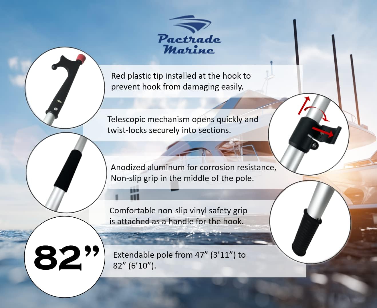 Pactrade Marine Anodized Aluminum Telescopic Kayak Boat Hook Dock Docking Extend Sections Adjustable Extendable Length Plastic PC Red Tip Non-Slip Black Locking Vinyl Mechanism Ring Handles 47-82”