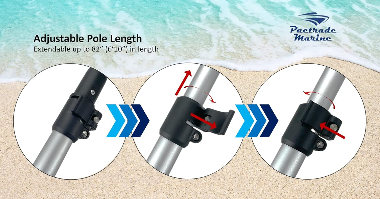 Pactrade Marine Anodized Aluminum Telescopic Kayak Boat Hook Dock Docking Extend Sections Adjustable Extendable Length Plastic PC Red Tip Non-Slip Black Locking Vinyl Mechanism Ring Handles 47-82”