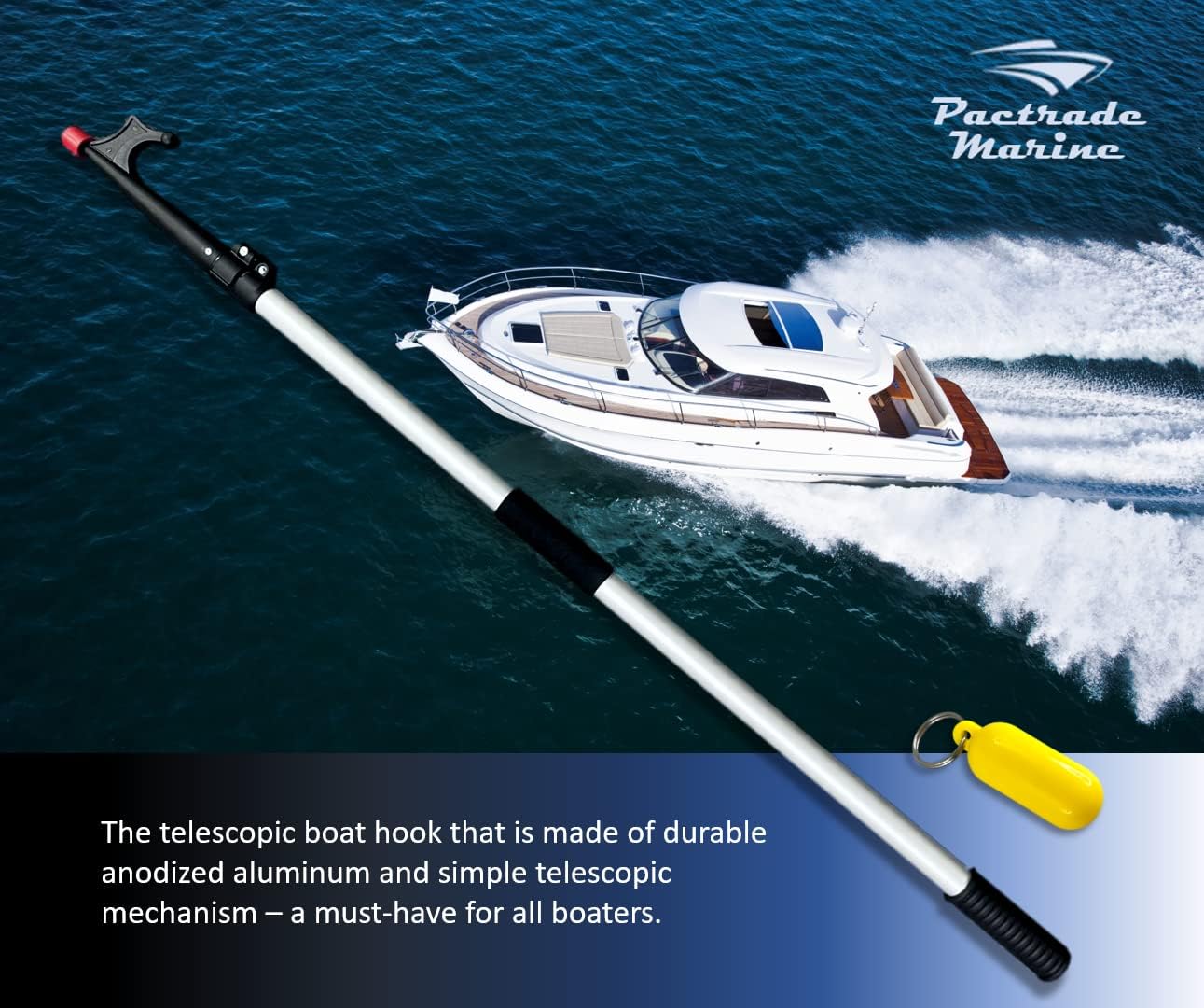 Pactrade Marine Anodized Aluminum Telescopic Kayak Boat Hook Dock Docking Extend Sections Adjustable Extendable Length Plastic PC Red Tip Non-Slip Black Locking Vinyl Mechanism Ring Handles 47-82”