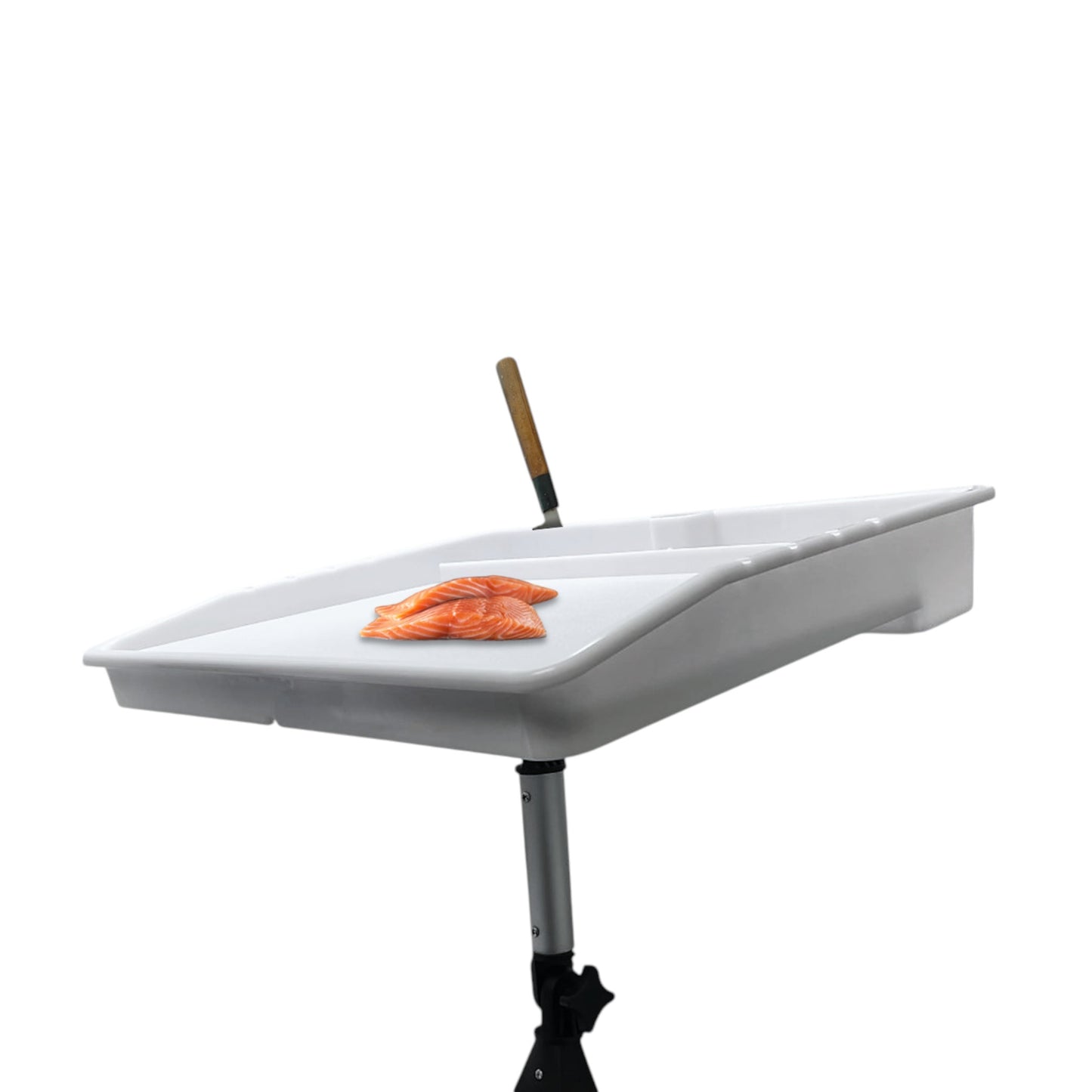 Pactrade Marine Fishing Fillet Table Cutting Board Rail White Bait Knives Pliers Storage Compartment Drain Hole UV Stabilized (Rail Mount with Adjustable Angled Leg)