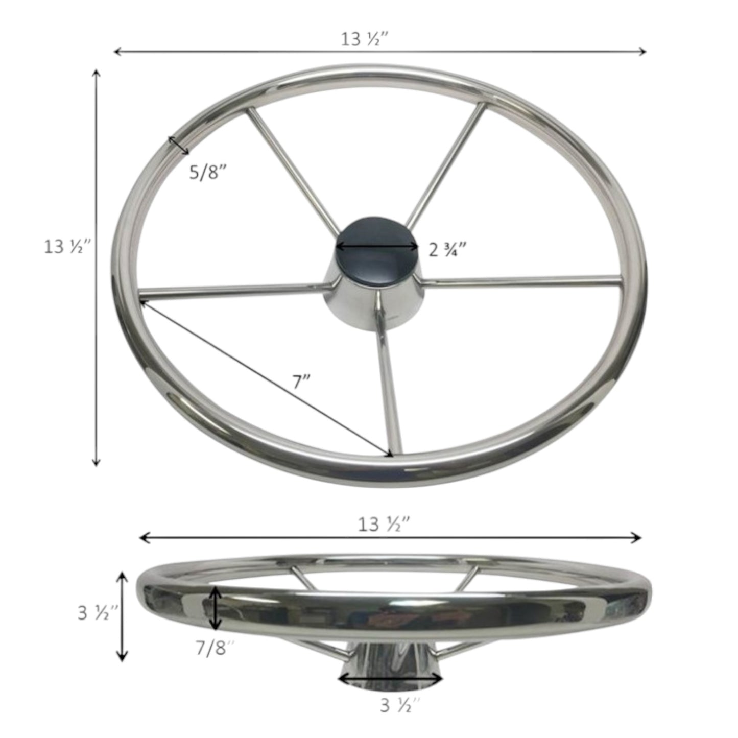 Pactrade Marine Boat Five Spoke 13 1/2" Steering Wheel W/ Black Cap SS304