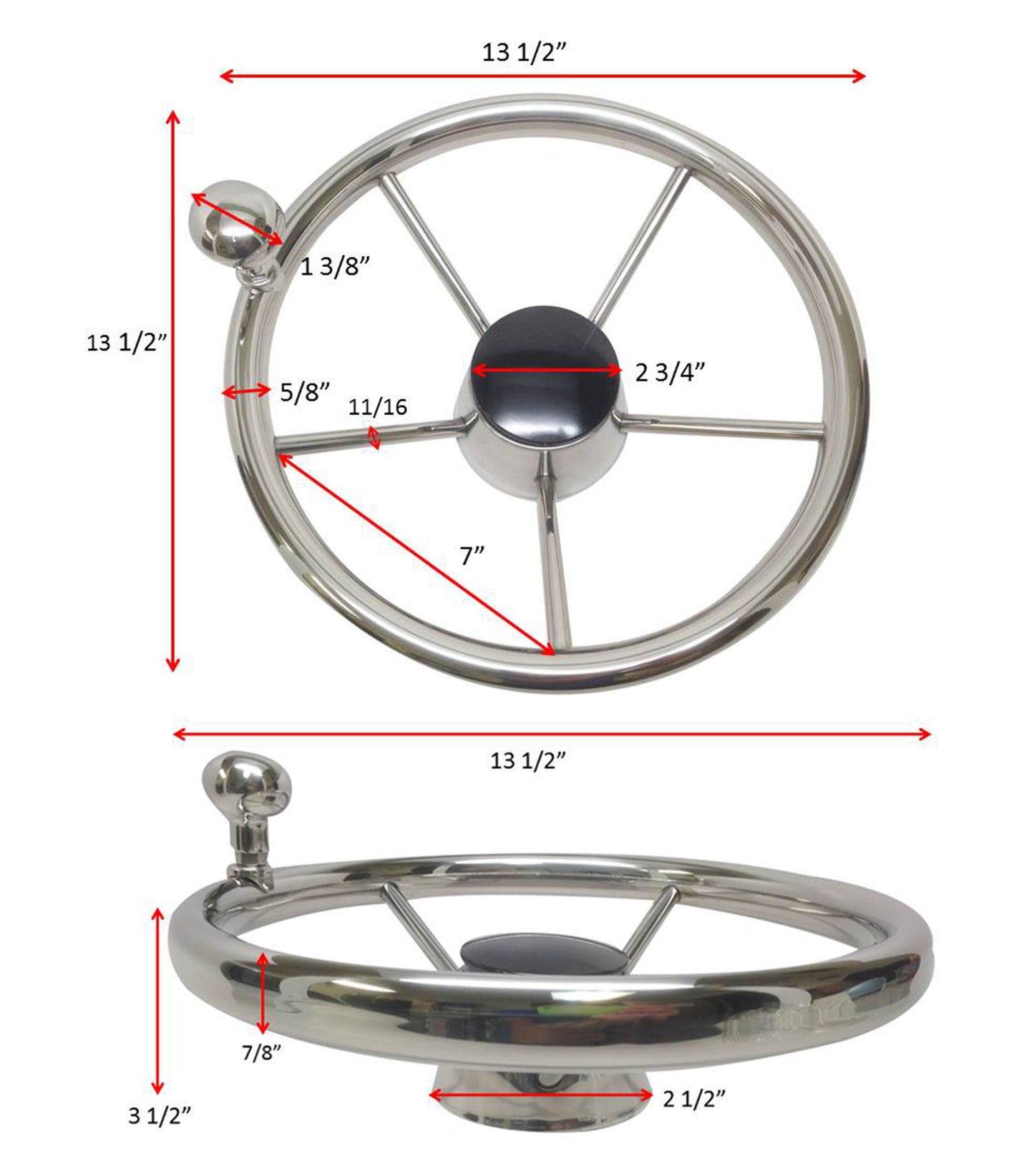 Pactrade Marine Boat 5 Spoke Steering Wheel w/ Turning Knob 13 1/2" Dia Stainless Steel