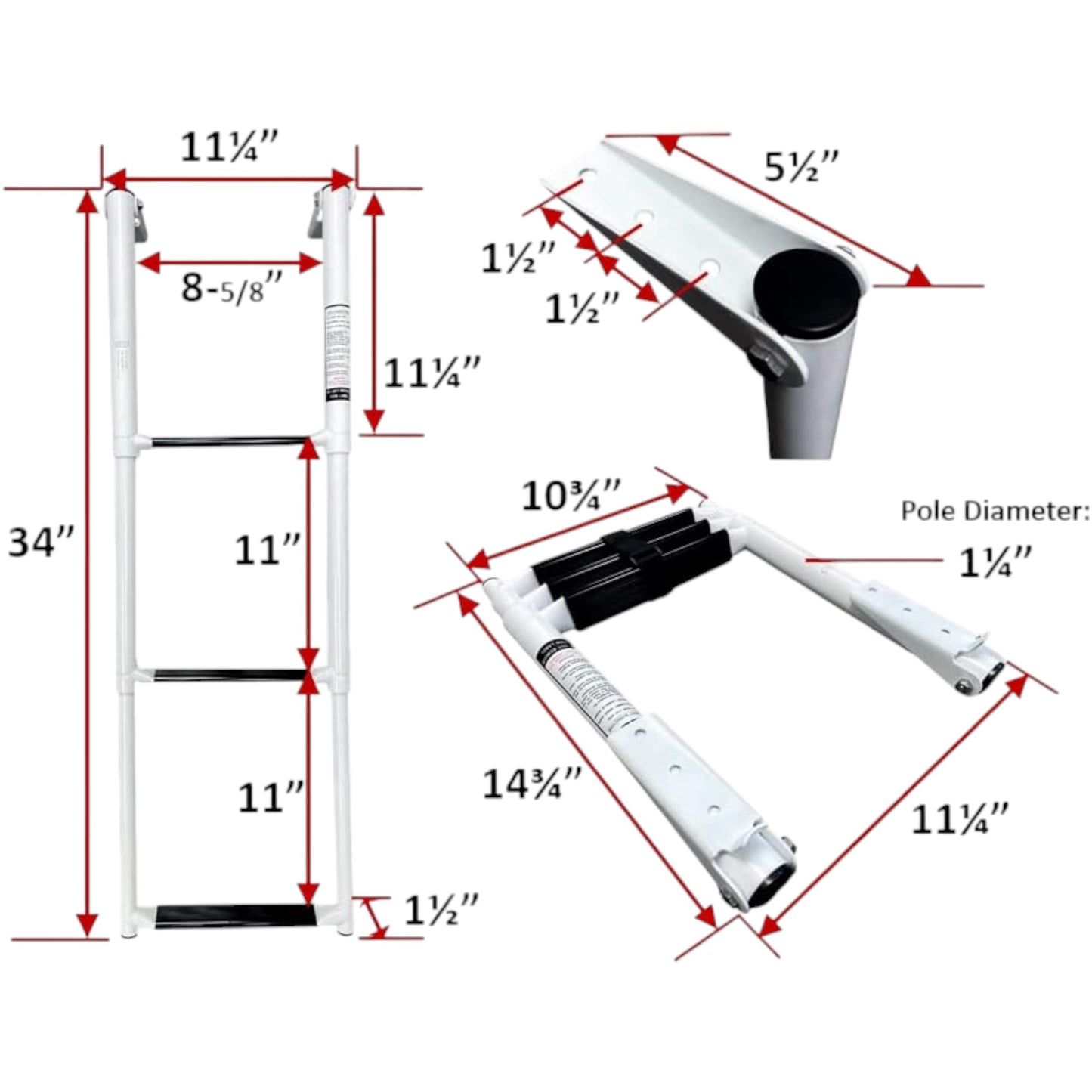 Pactrade Marine Boat White Teflon Telescopic Ladder Salt Water Corrosion & Scratch Proof Swim Step Over Platform Fold Compact Stowed White Keychain (3-Step)