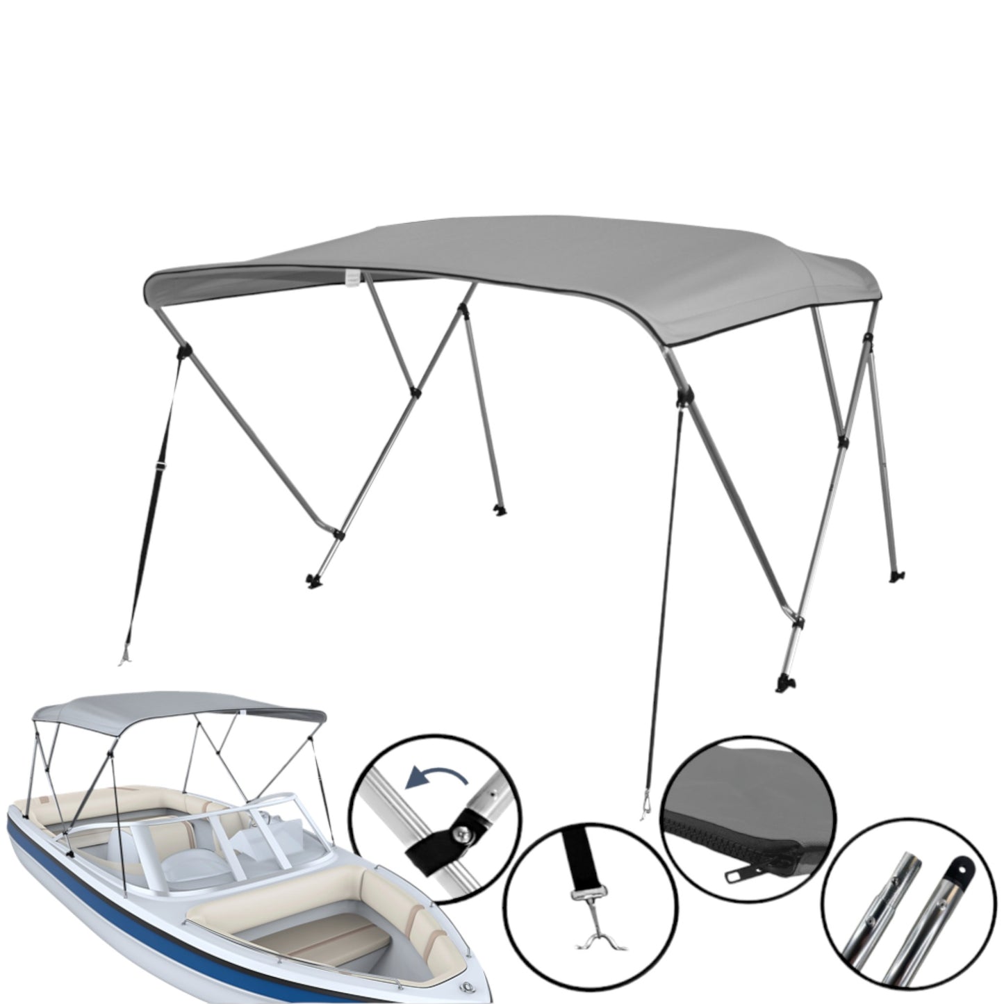 Pactrade Marine Boat 3 Bow Big Bimini Top Canopy Cover UV Waterproof Grey Canvas 600D Oxford Fabric PU Coating Aluminum Poles Straps