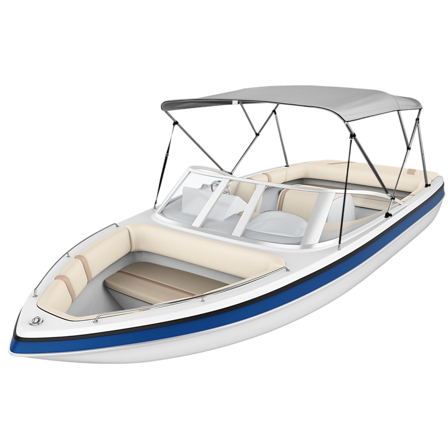 Pactrade Marine Boat 3 Bow Big Bimini Top Canopy Cover UV Waterproof Grey Canvas 600D Oxford Fabric PU Coating Aluminum Poles Straps