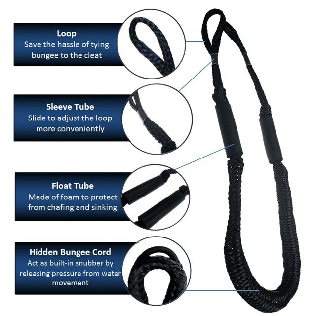 Pactrade Marine Bungee 2 Pieces Dock Line, Elastic Mooring Rope, Morring Rope for Docking 3ft EVA Foam Floats for Boats PWC Kayak Jet Ski (Black)