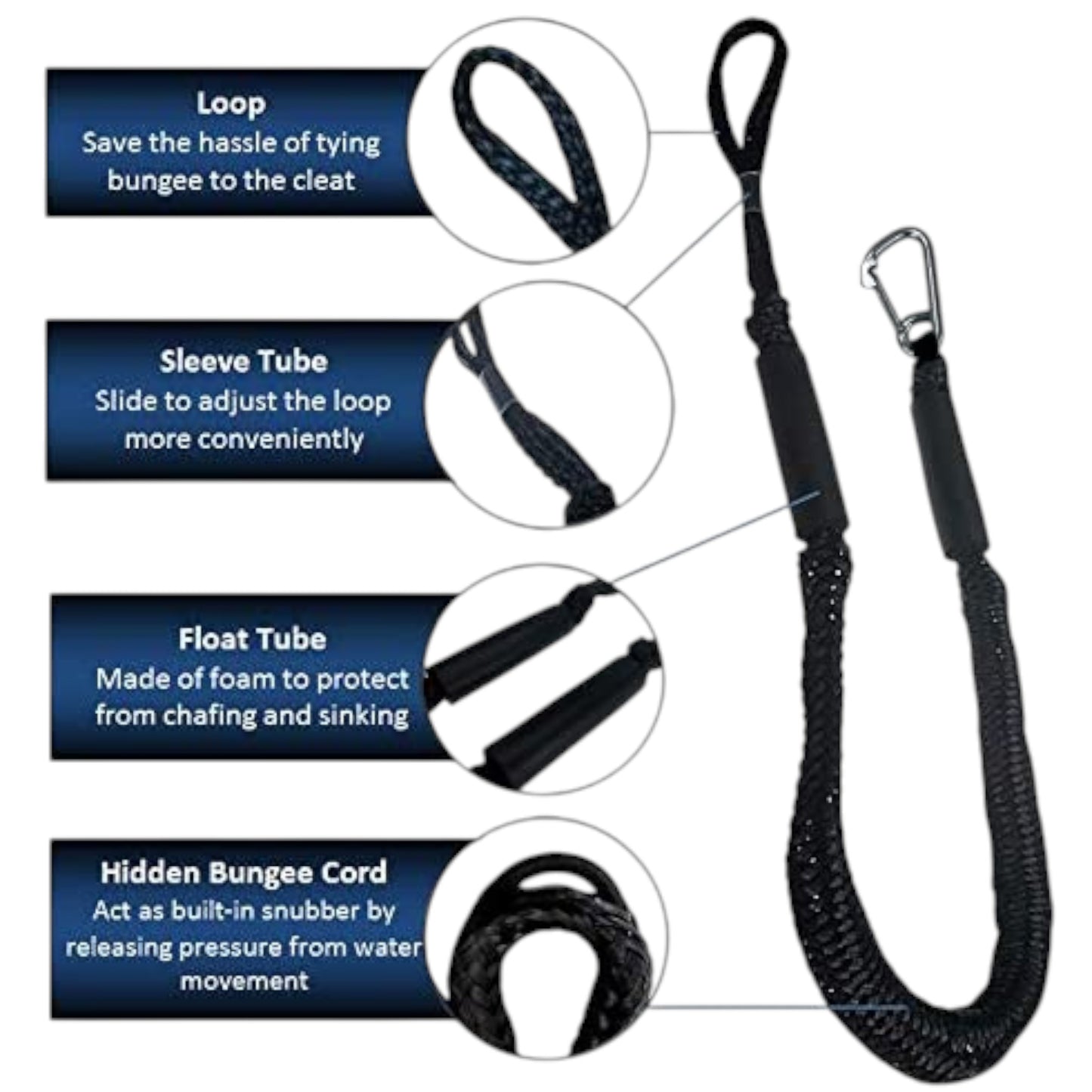 Pactrade Marine Boat Pontoon Kayak PWC Jet Ski Bungee Dock Line Mooring Rope 4'-5.5' with SS316 Snap Hook Salt and Fresh Water Use 2 Pack (Black)