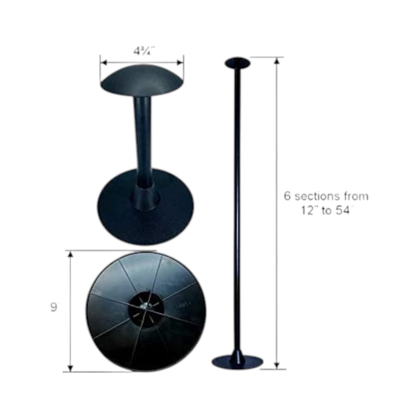 Pactrade Marine Boat Pontoon Cover Support Pole Adjustable Height 12" to 54" ABS Black Plastic Tall Short Round Base for Jon Boat Pontoon Boat Cover Aluminum Boat Tarps Bimini Tops Marine Grade