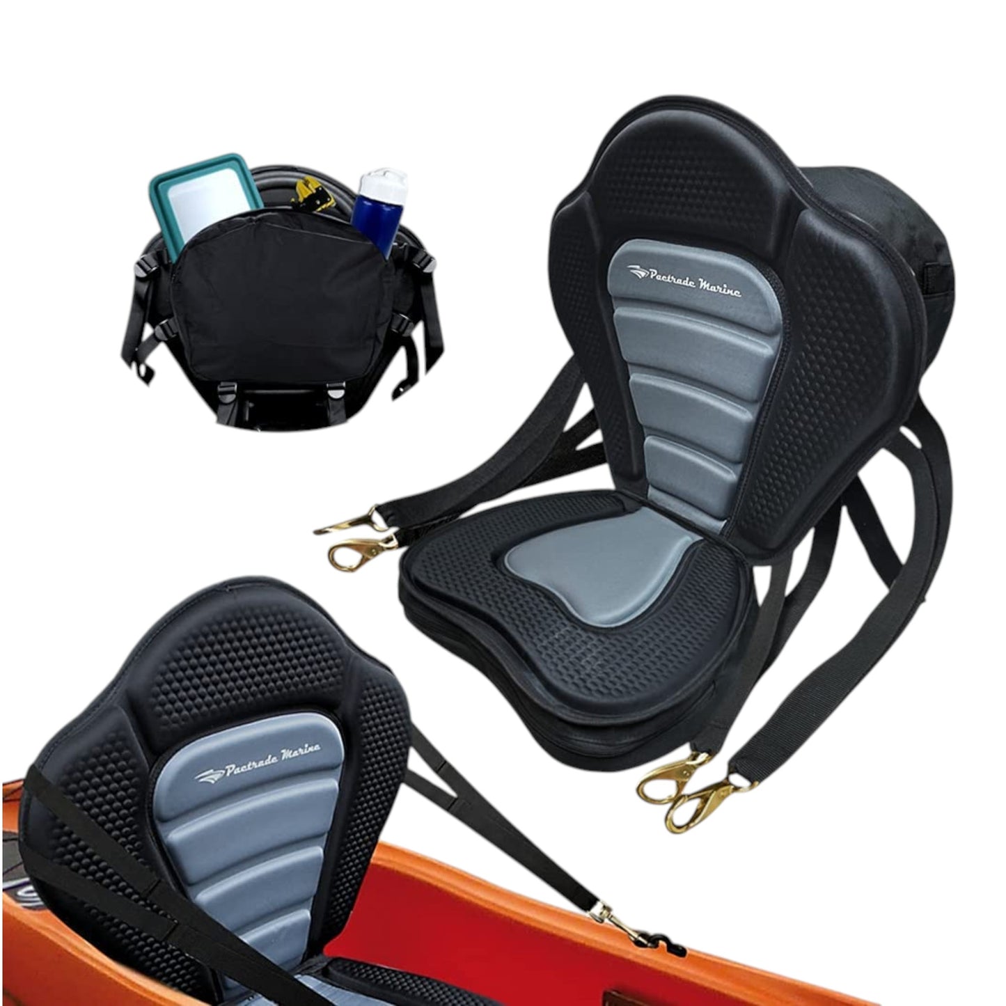 Pactrade Marine Adjustable Straps Black Gray Extra Padded Deluxe Kayak Seat Detachable Storage Backpack Bag Canoe Backrest Support Cushion Sit On Top Fishing Brass Clips Canoeing Kayaking Rafting
