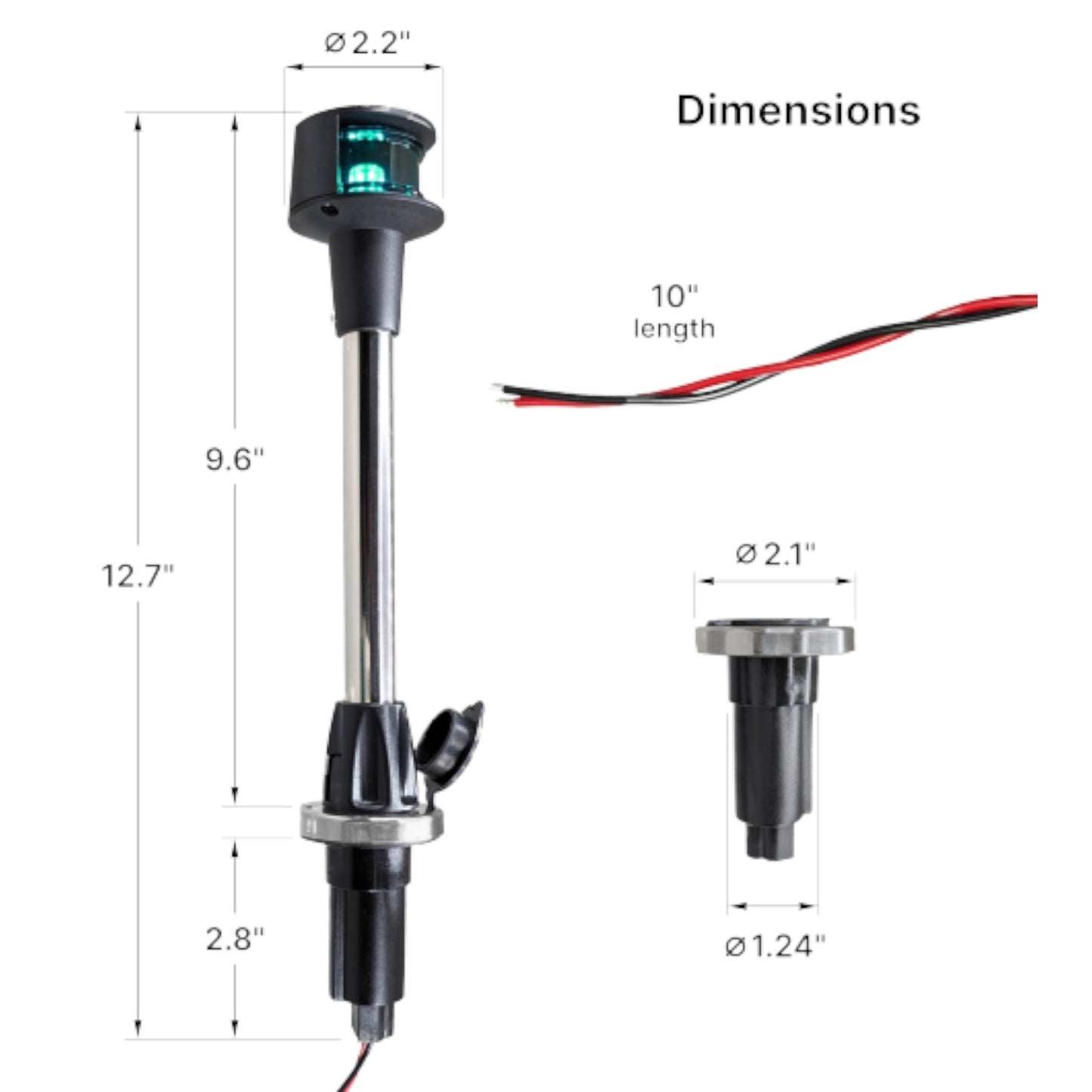 Pactrade Marine Navigation Combination Light Bi-Color Red and Green LED Bow Light 10-Inch Straight Pole Light with Secure Locking Base