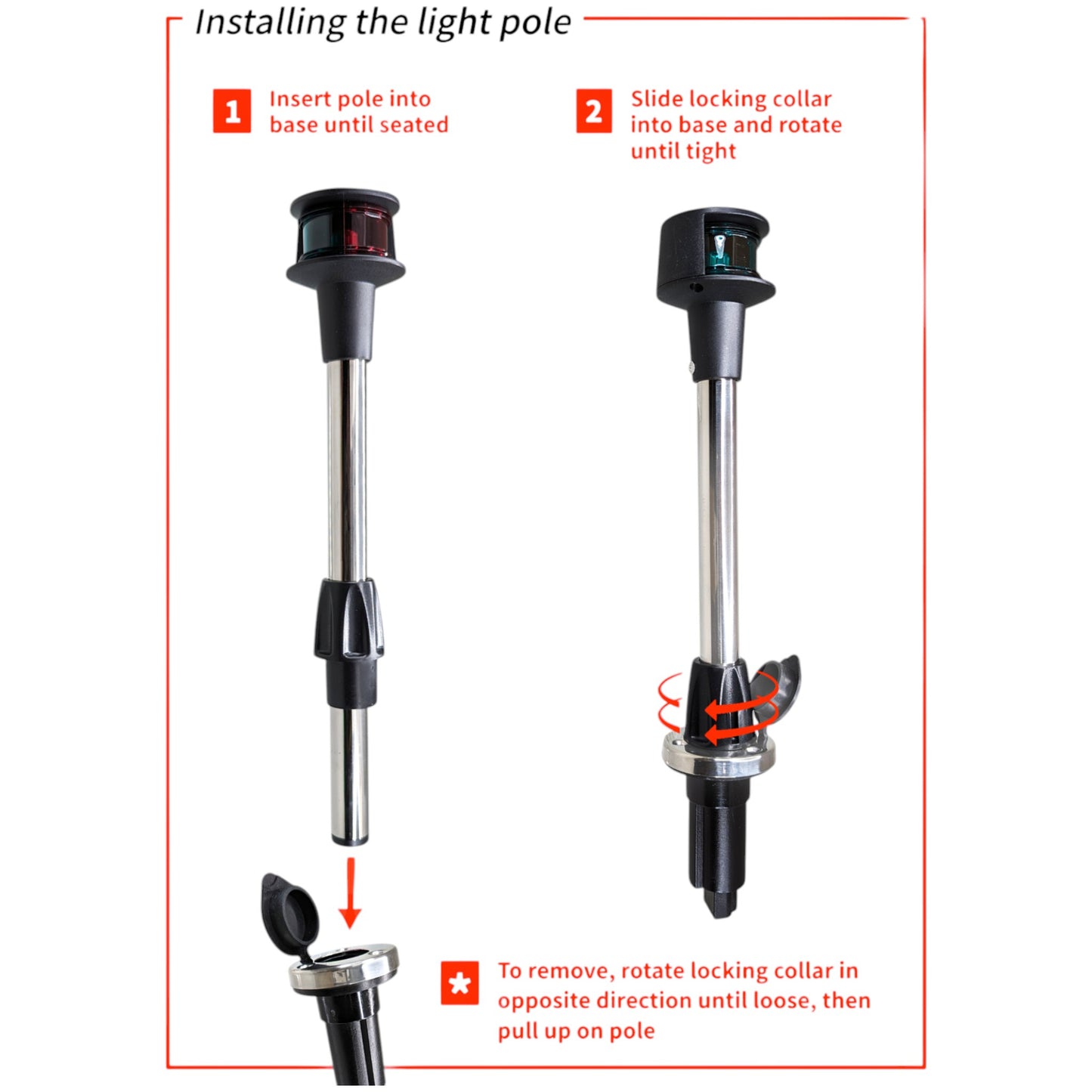 Pactrade Marine Navigation Combination Light Bi-Color Red and Green LED Bow Light 10-Inch Straight Pole Light with Secure Locking Base