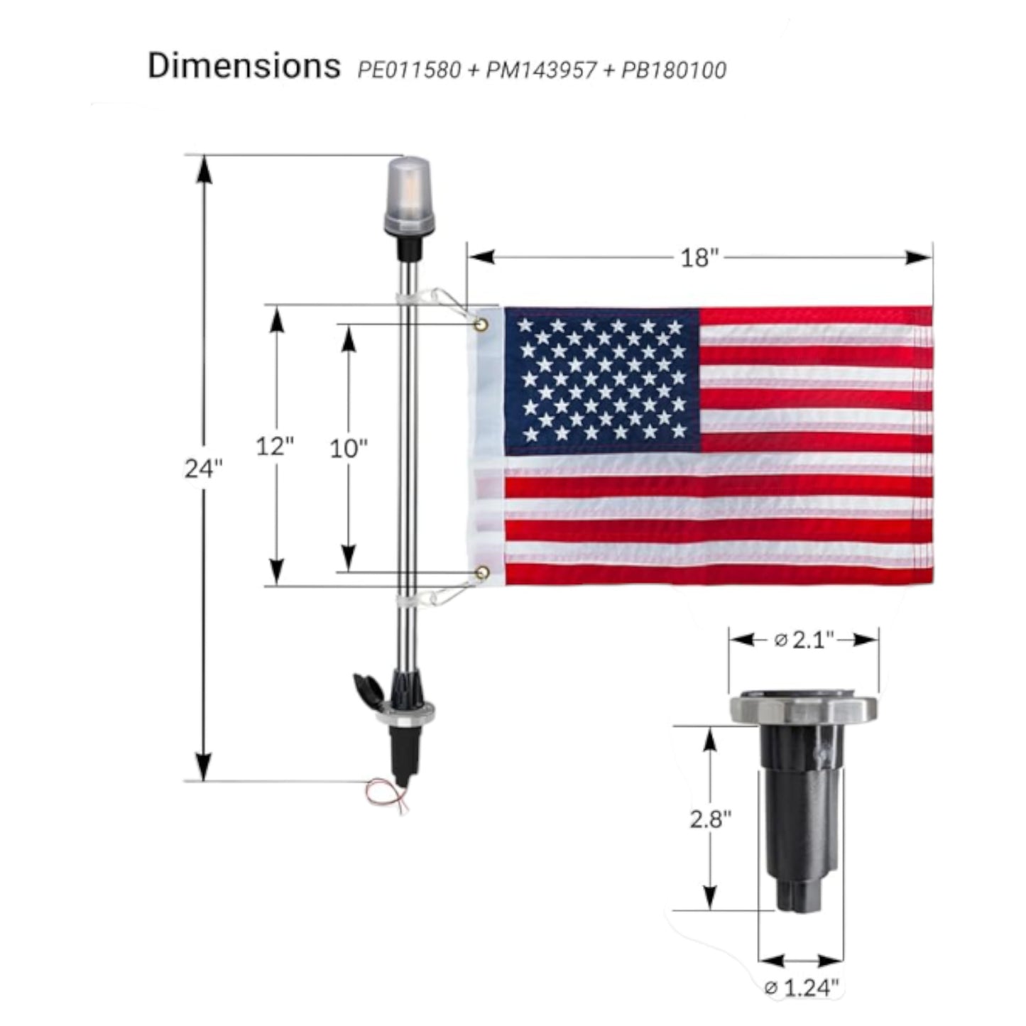 Pactrade Marine Navigation Lights for Boats LED - 24-Inch White LED Stern Light/LED Anchor Light with Removable Flat-Top Base and American Flag 12x18 Inches (250 LM, 2 NM) | Boat Navigation Lights
