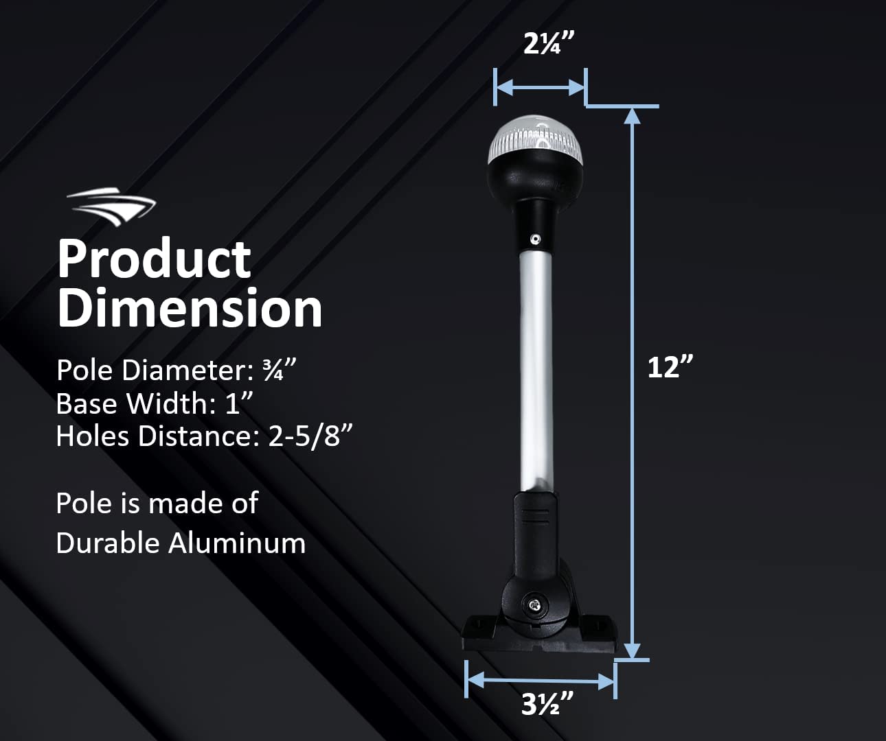 Pactrade Marine Aluminium LED RV Adjustable All Round 360 Degree with Stern Pole Navigation Anchor Light Pontoon Fishing Boat Kayak (12" Vertical)