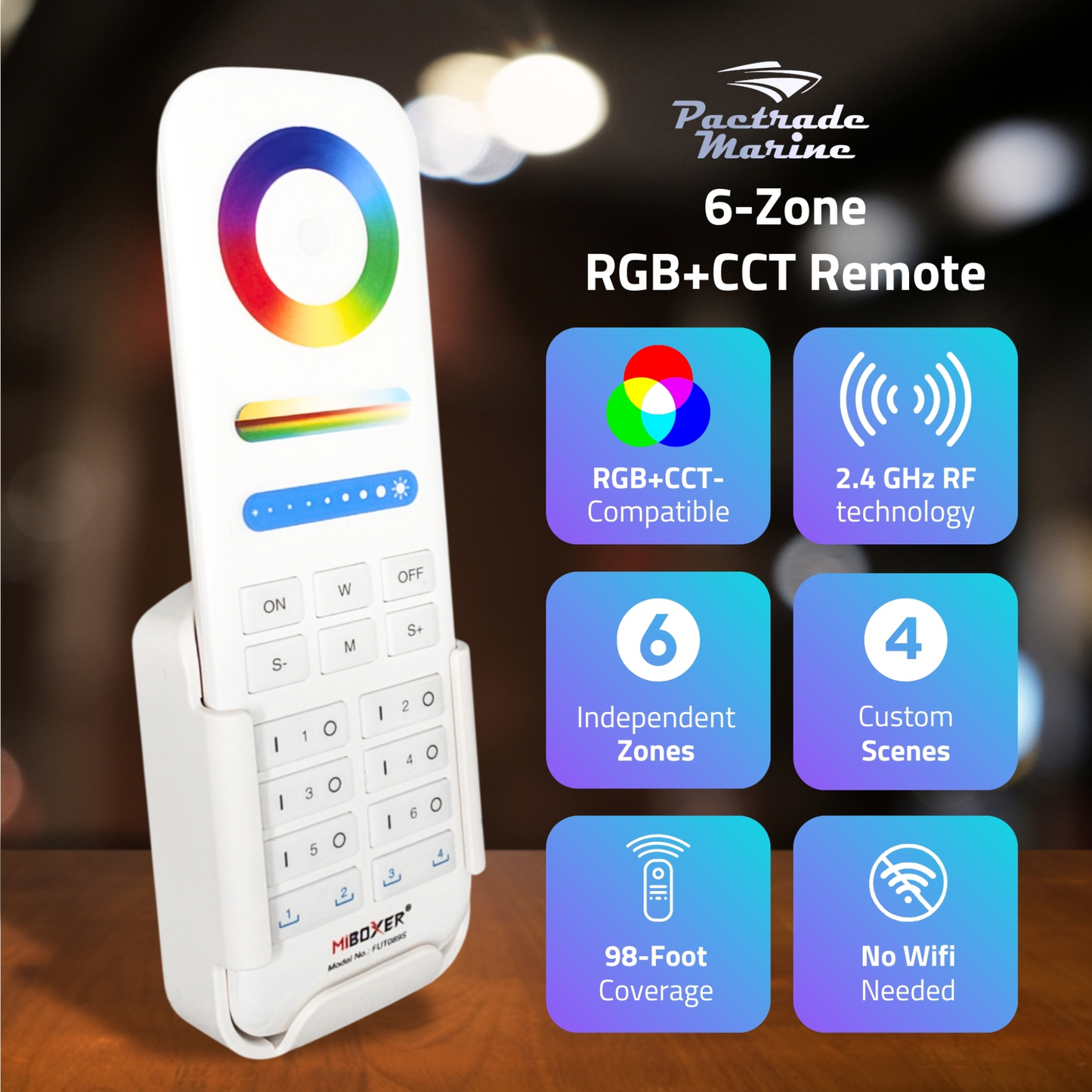 Pactrade Marine RGB+CCT LED Remote Control for Mi-Light 2.4G Systems - 6-Zone RF Wireless Remote with 16M Colors, Temperature, Dimmer Control, 98 FT Range - No WiFi Needed, Marine-RV Ready (FUT089S)
