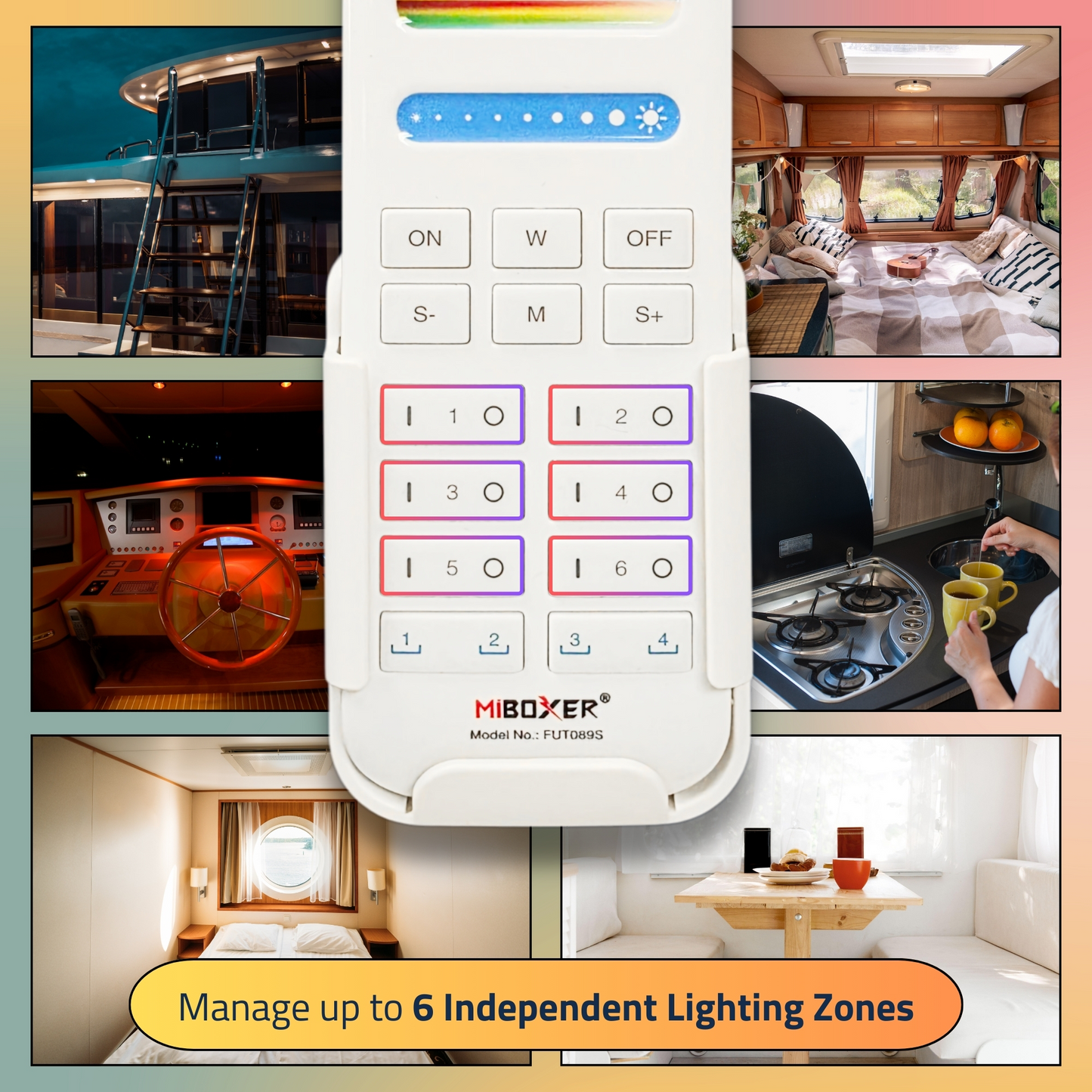 Pactrade Marine RGB+CCT LED Remote & LED Light Controller Kit - 6-Zone 2.4G RF Wireless System with 16M Colors, Up to 30 Fixtures, 98 FT Range - Complete Mi-Light Hub for Boats & RVs (FUT089S + E3-RF)