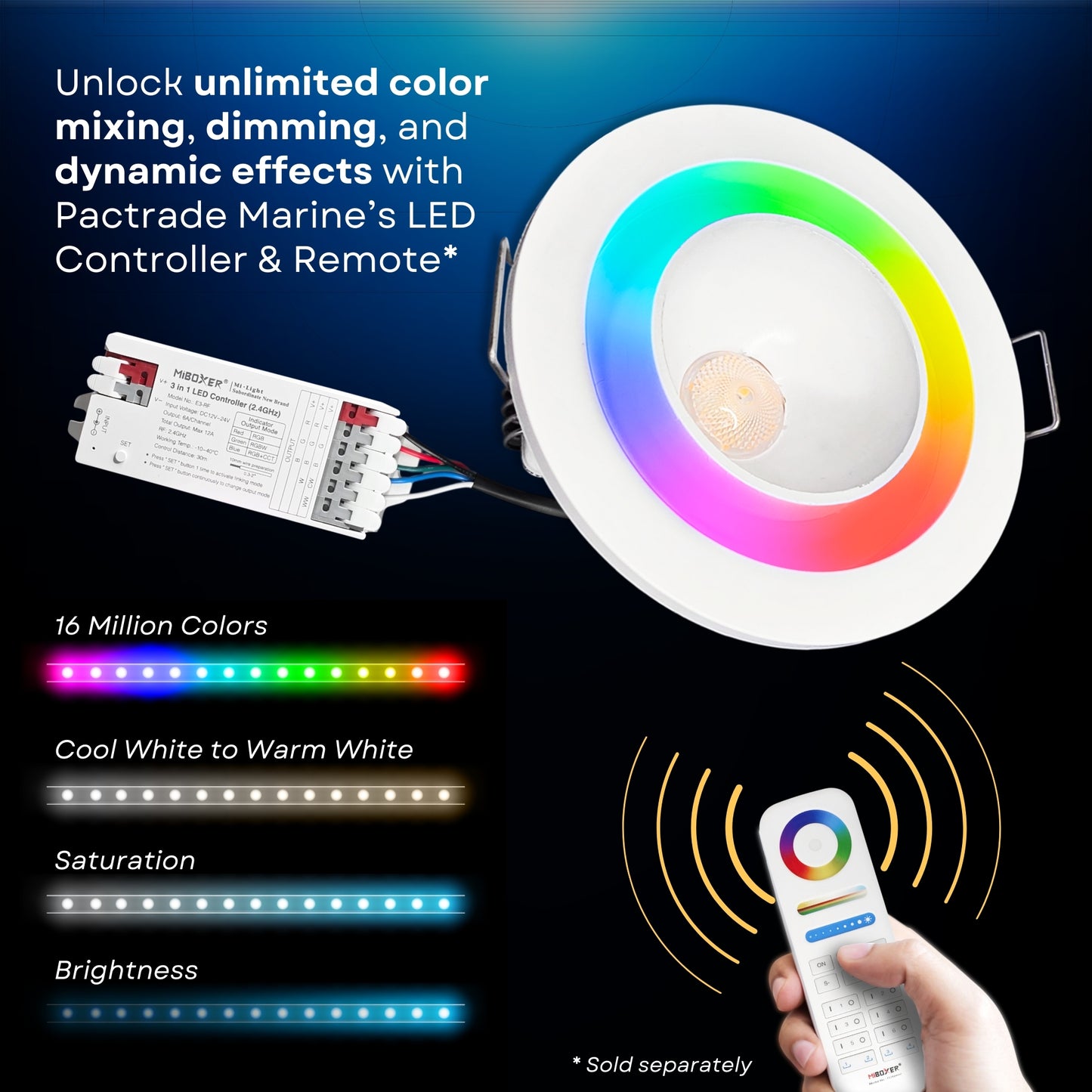 Pactrade Marine RGBW LED Recessed Downlight - 3-Inch Dual Function White Light & Color Changing Ring (5-Wire, Controller Req.) - Spring Clip Mount - Dimmable Interior Boat Lights, Marine-RV Ready 12V