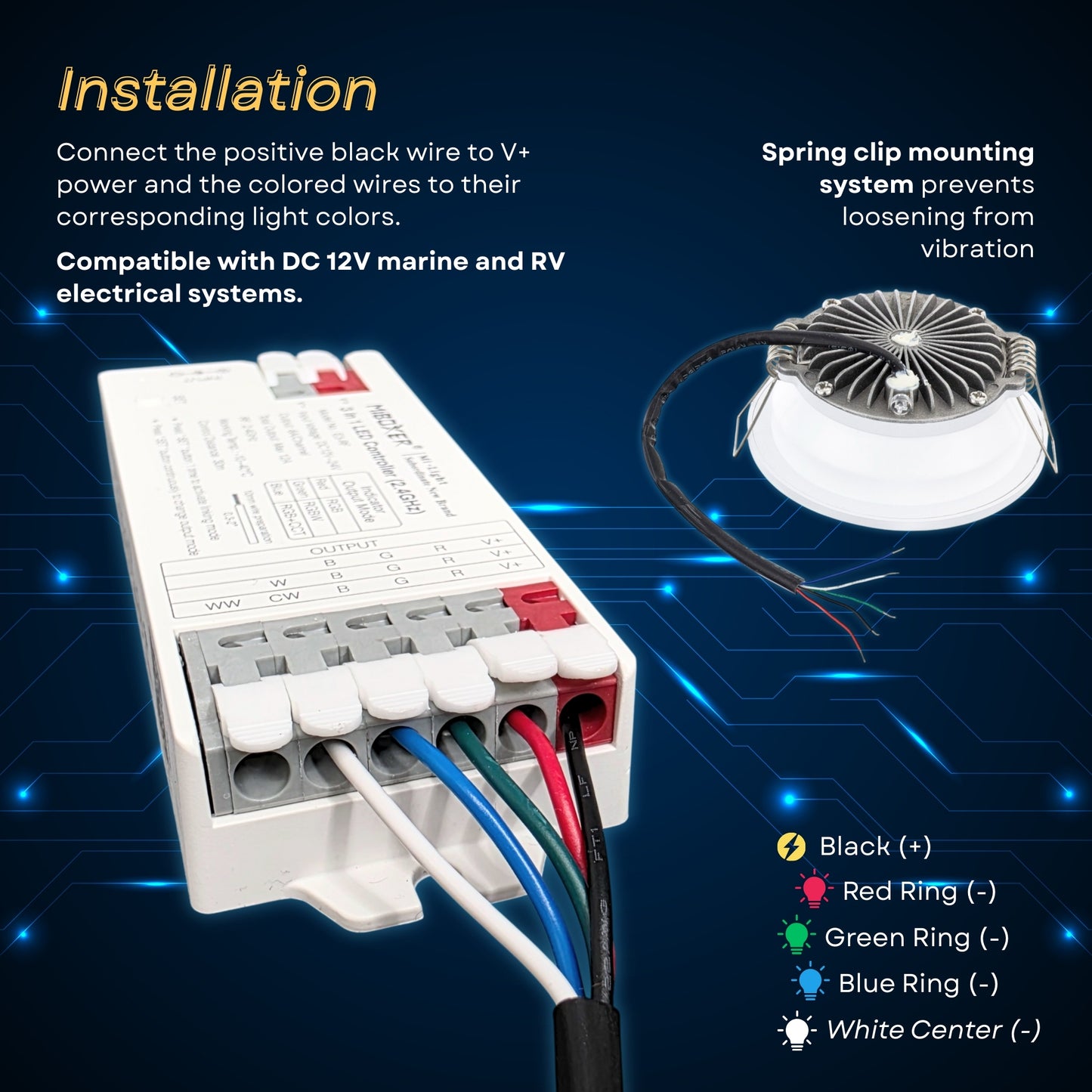 Pactrade Marine RGBW LED Recessed Downlight - 3-Inch Dual Function White Light & Color Changing Ring (5-Wire, Controller Req.) - Spring Clip Mount - Dimmable Interior Boat Lights, Marine-RV Ready 12V
