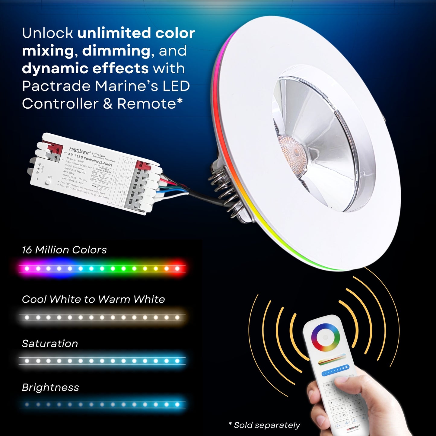 Pactrade Marine RGBW LED Recessed Downlight - 4-Inch Dual Function White Light & Color Changing Ring (5-Wire, Controller Req.) - Spring Clip Mount - Dimmable Interior Boat Lights, Marine-RV Ready 12V