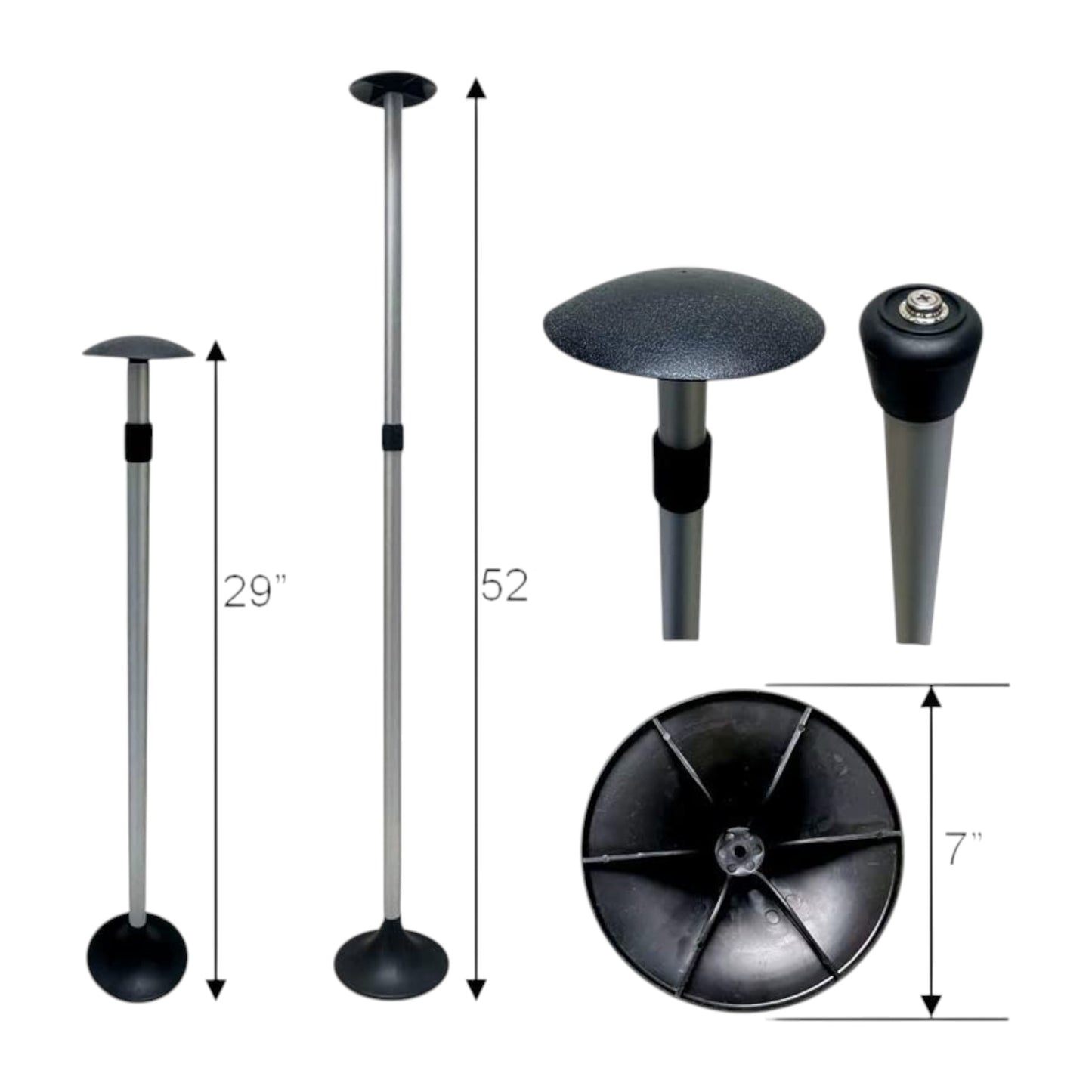 Pactrade Marine Boat Pontoon Cover Support Pole Adjustable Telescopic Height Mushroom Top Aluminum / Injected PP Tall Short Round Base Snap-on Fastener Tip & Rubber Cap (Length: 29" - 52")