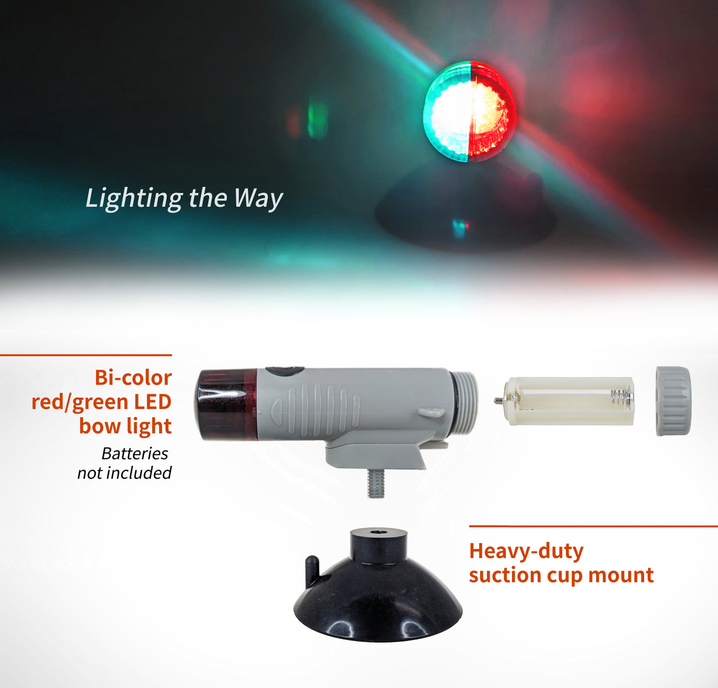 Pactrade Marine Portable Navigation Light, Bi-color Red/Green Bow Light Battery-Powered LED for Kayak Pontoon Small Boat (Quick Release Heavy-Duty Suction Cup Mount)